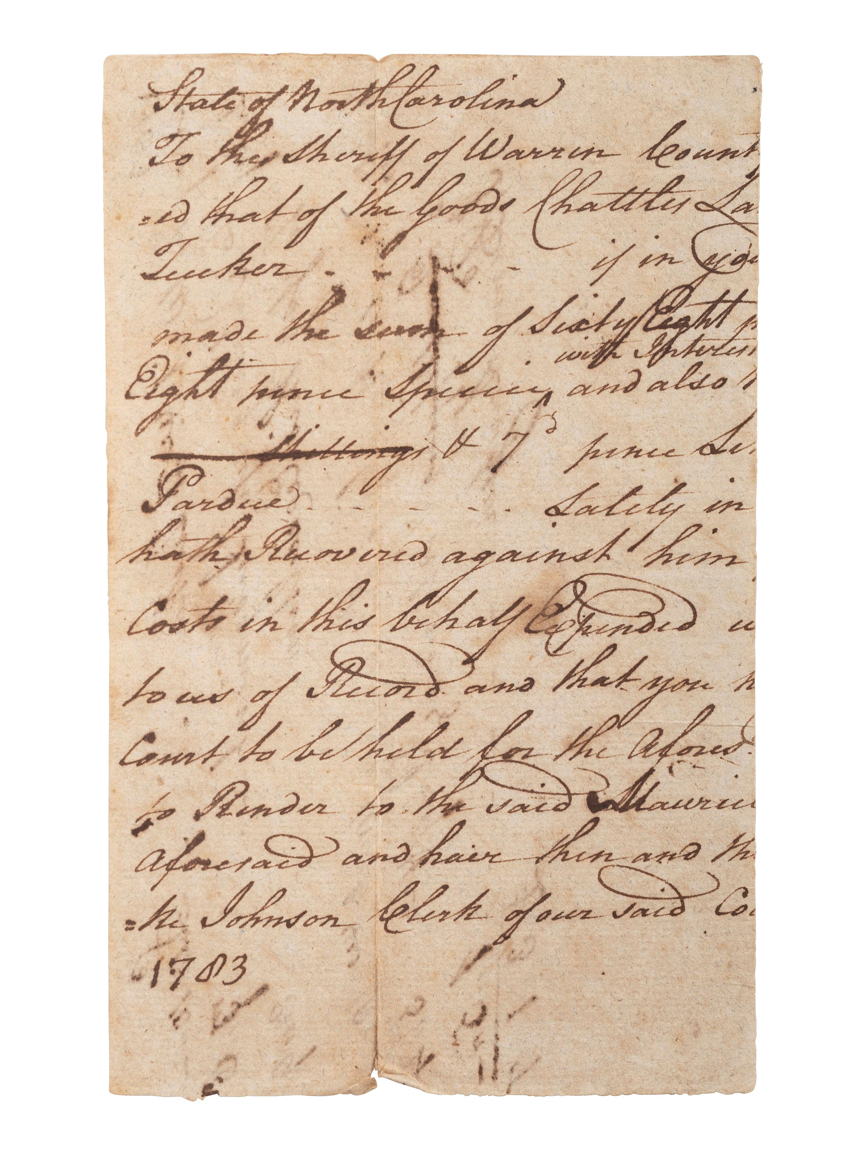 Autograph document signed ("J. Penn") by North Carolina Founding Father John Penn. 1783.