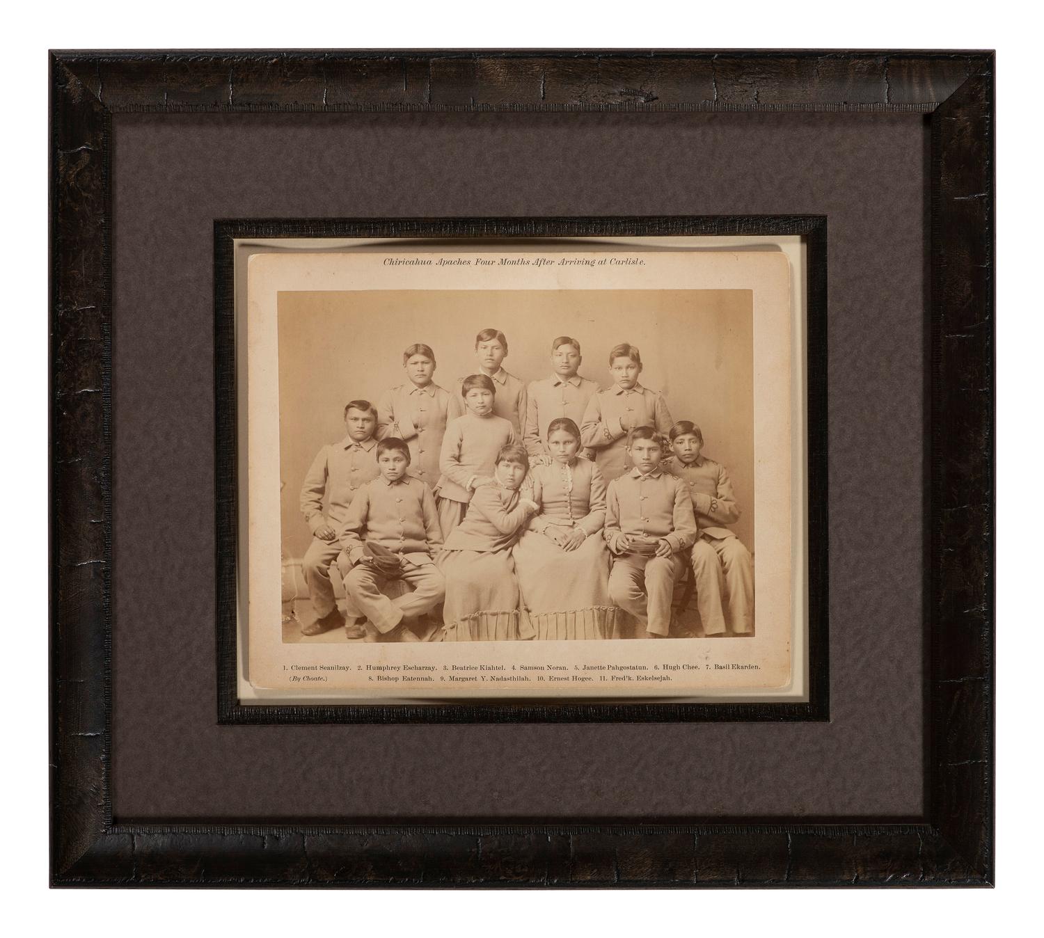 CHOATE, John N. (1848-1902), photographer. A pair of large format photographs featuring identified Chiricahua Apache students at Carlisle Indian School, before and after. Carlisle, PA, ca 1880s.