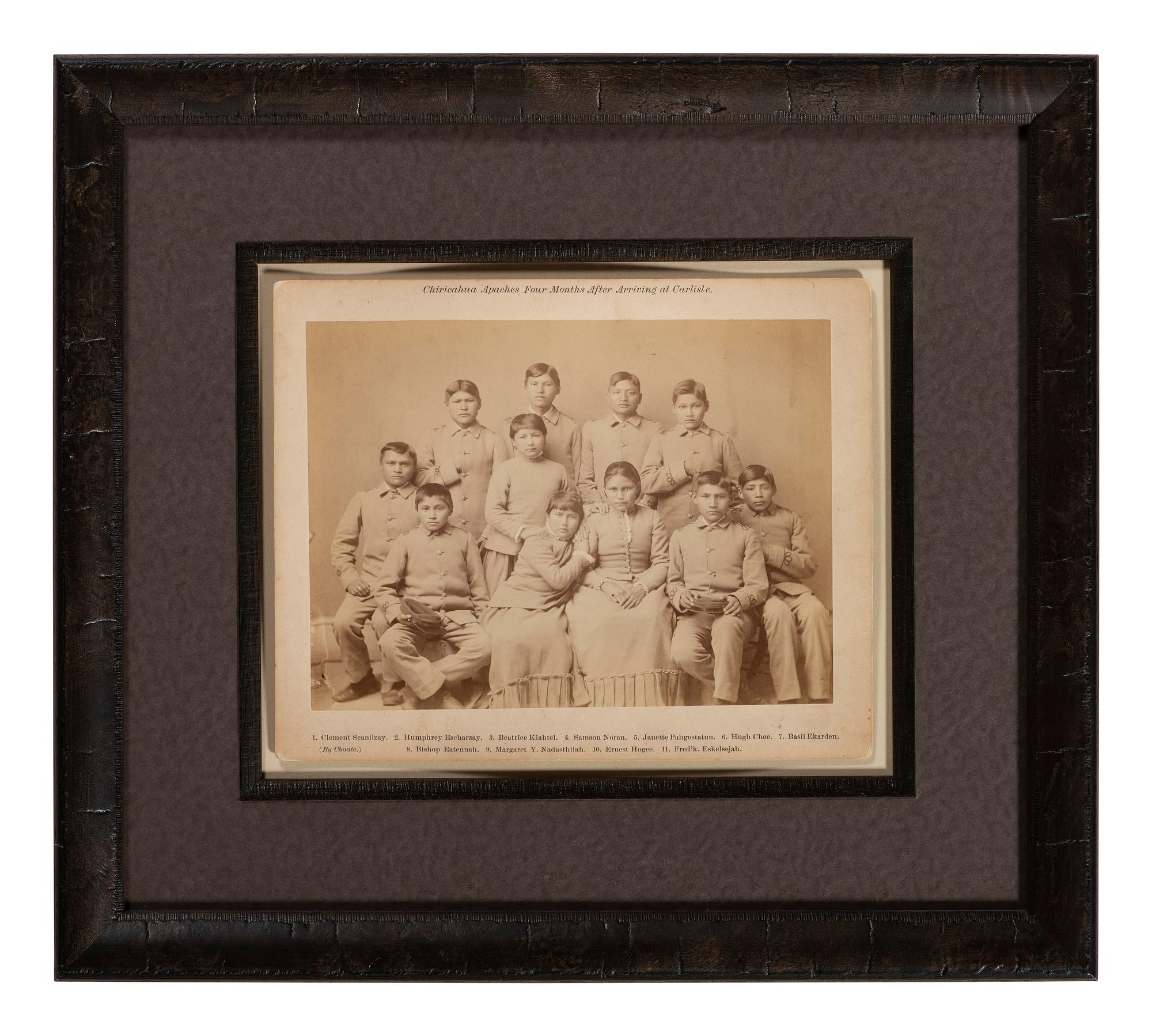 CHOATE, John N. (1848-1902), photographer. A pair of large format photographs featuring identified Chiricahua Apache students at Carlisle Indian School, before and after. Carlisle, PA, ca 1880s.