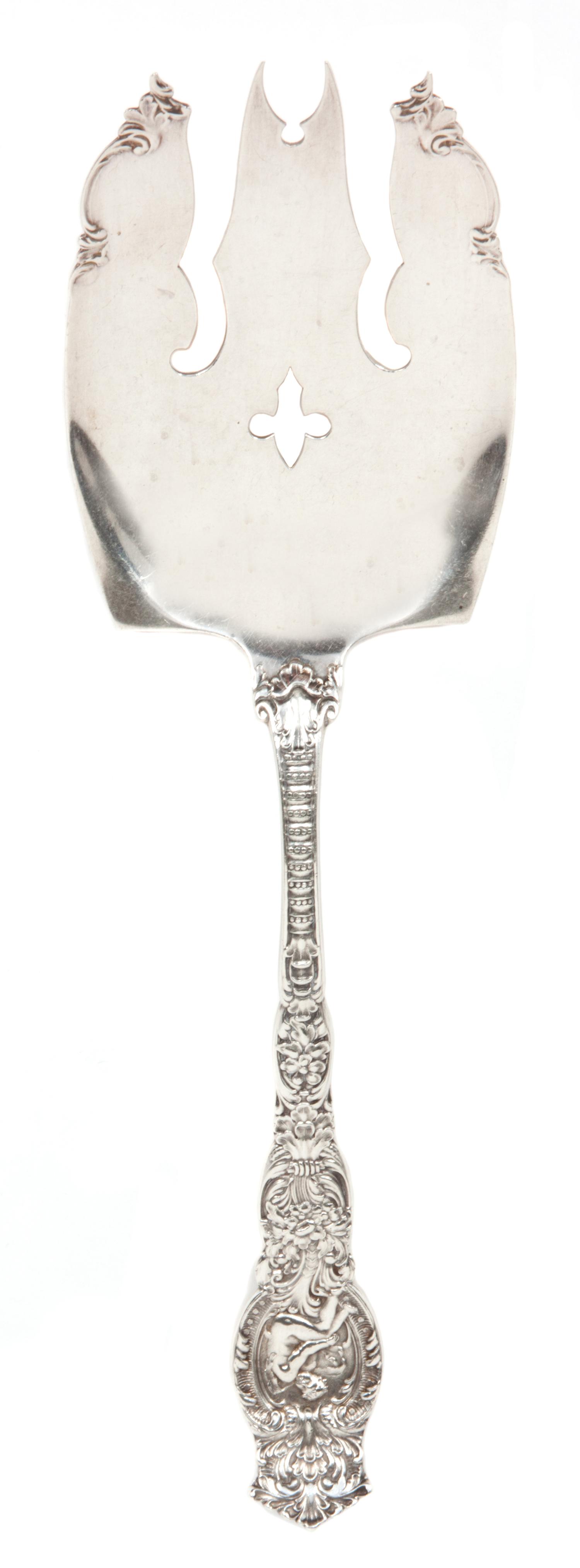 An American Silver Serving Fork, Wendell Manufacturing Co., Chicago, IL, in the Ariel pattern.
