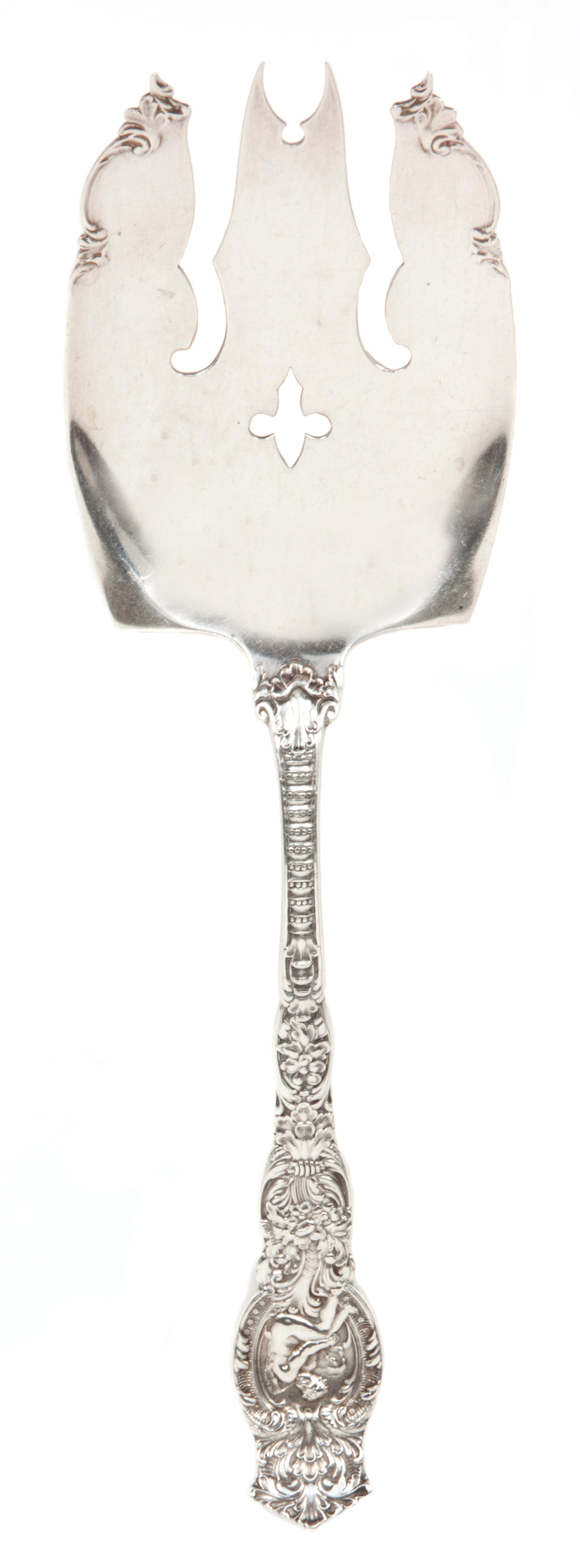 An American Silver Serving Fork, Wendell Manufacturing Co., Chicago, IL, in the Ariel pattern.
