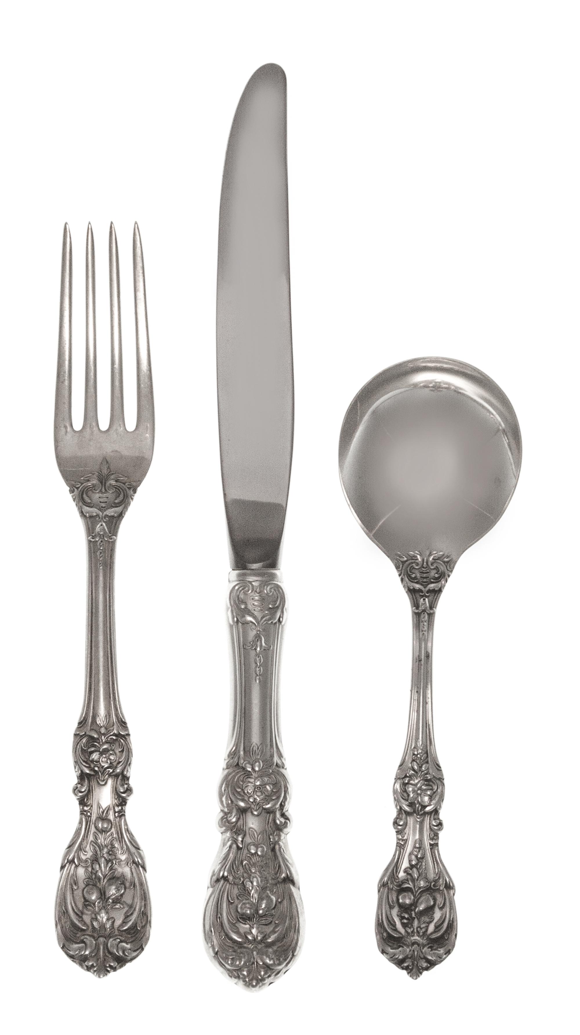 An American Silver Flatware Service, Reed & Barton, Taunton, MA, Francis I pattern, comprising: 10 dinner knives 9 dinner forks 12 sala