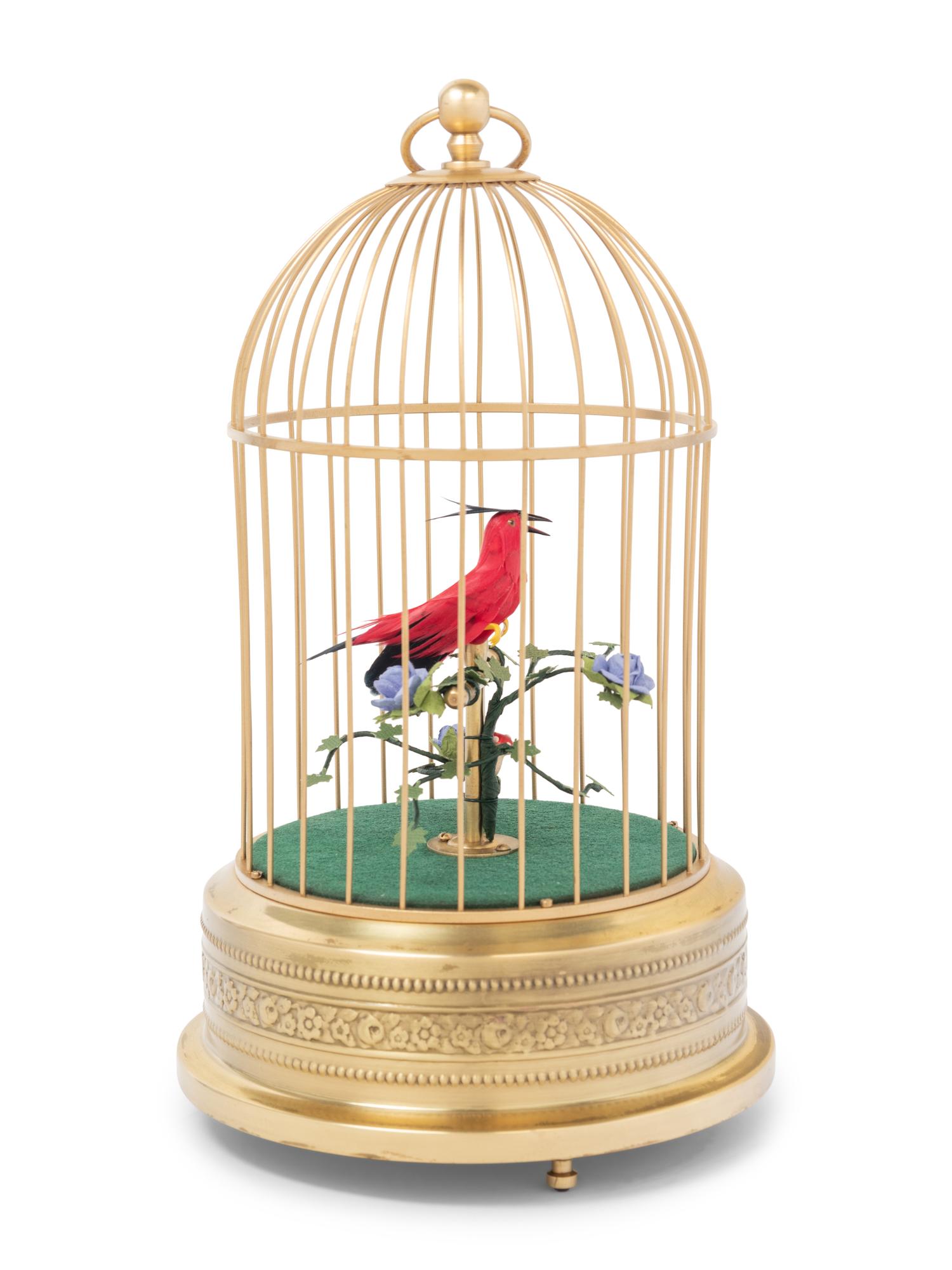 A German Gilt Metal Singing Automaton Bird Cage by Uhren Hauser