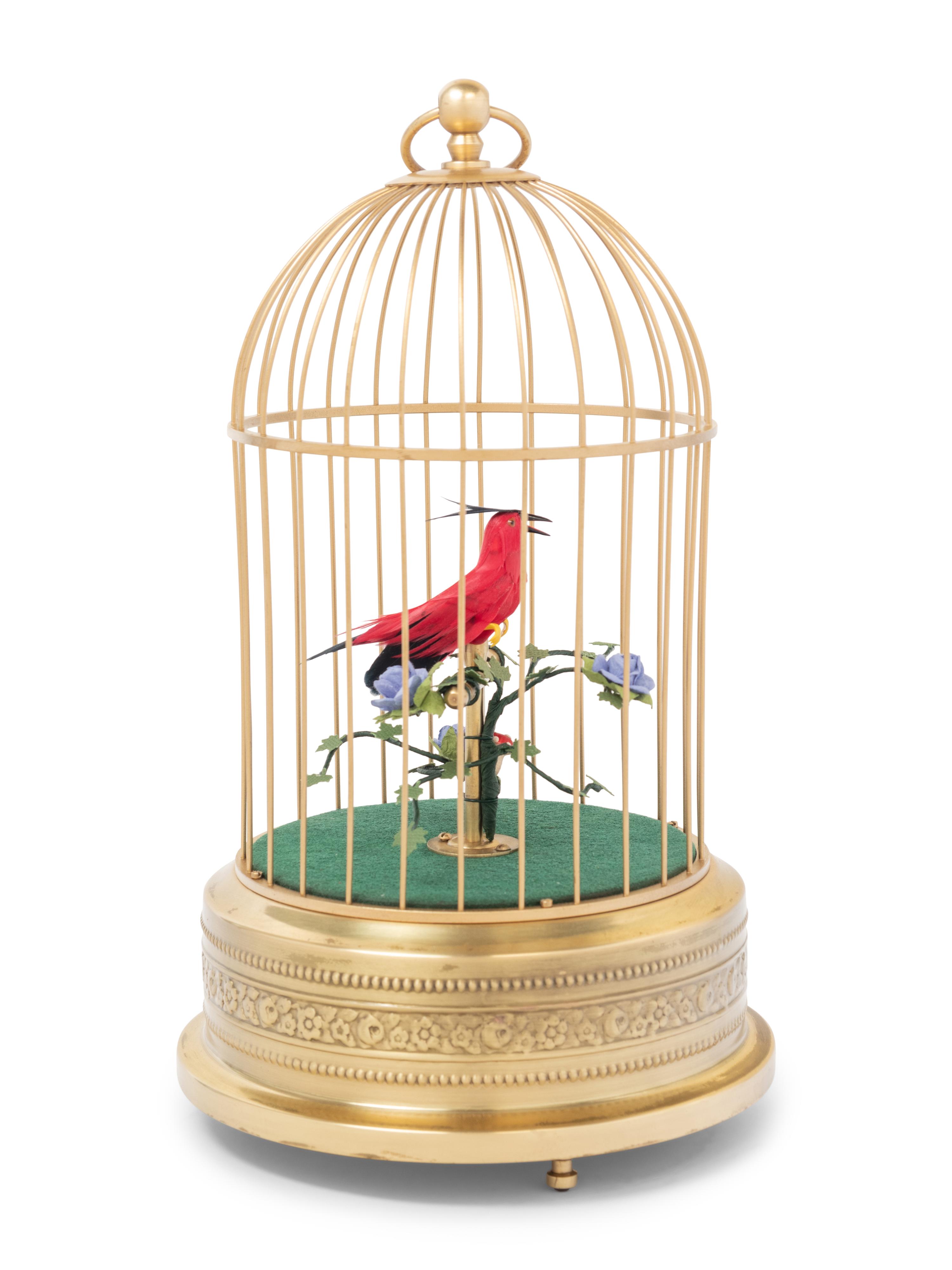 A German Gilt Metal Singing Automaton Bird Cage by Uhren Hauser