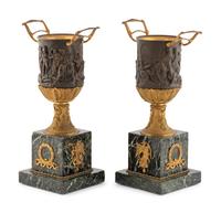 A Pair of Empire Style Gilt and Patinated Bronze and Marble Urn Ornaments