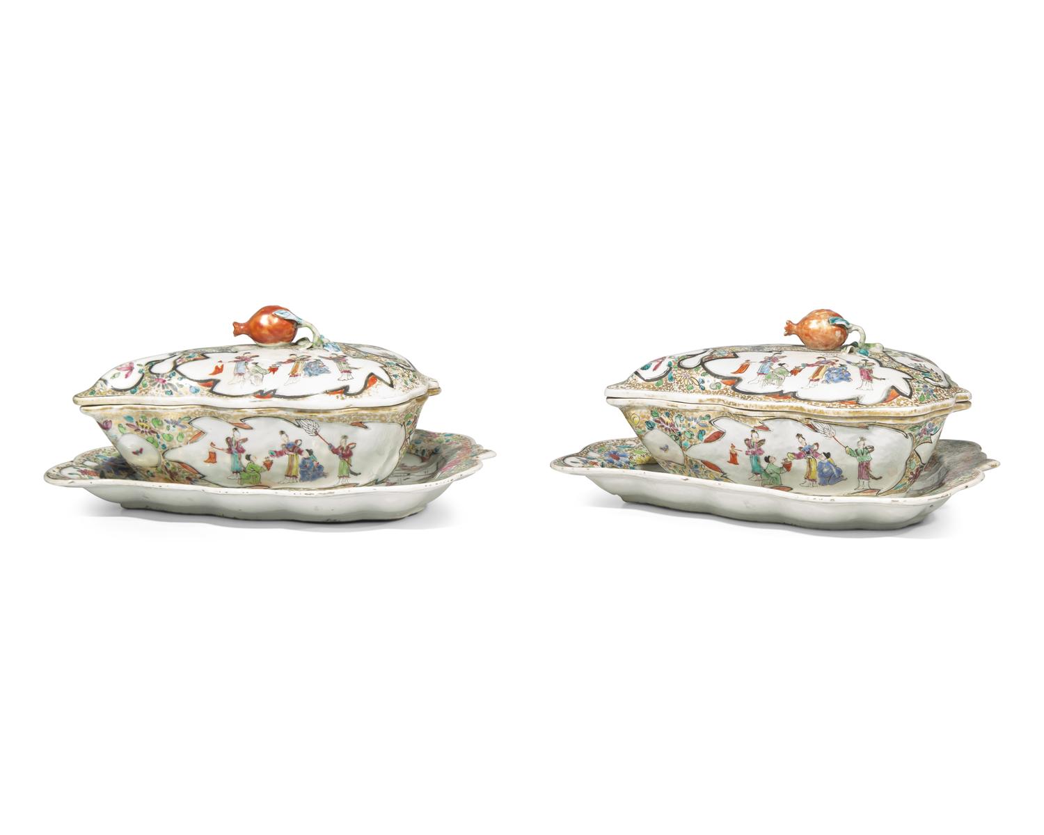 A Rare Pair of Chinese Export Porcelain Famille Rose Leaf-Form Covered Sauce Tureens And Underplates