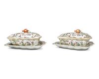 A Rare Pair of Chinese Export Porcelain Famille Rose Leaf-Form Covered Sauce Tureens And Underplates