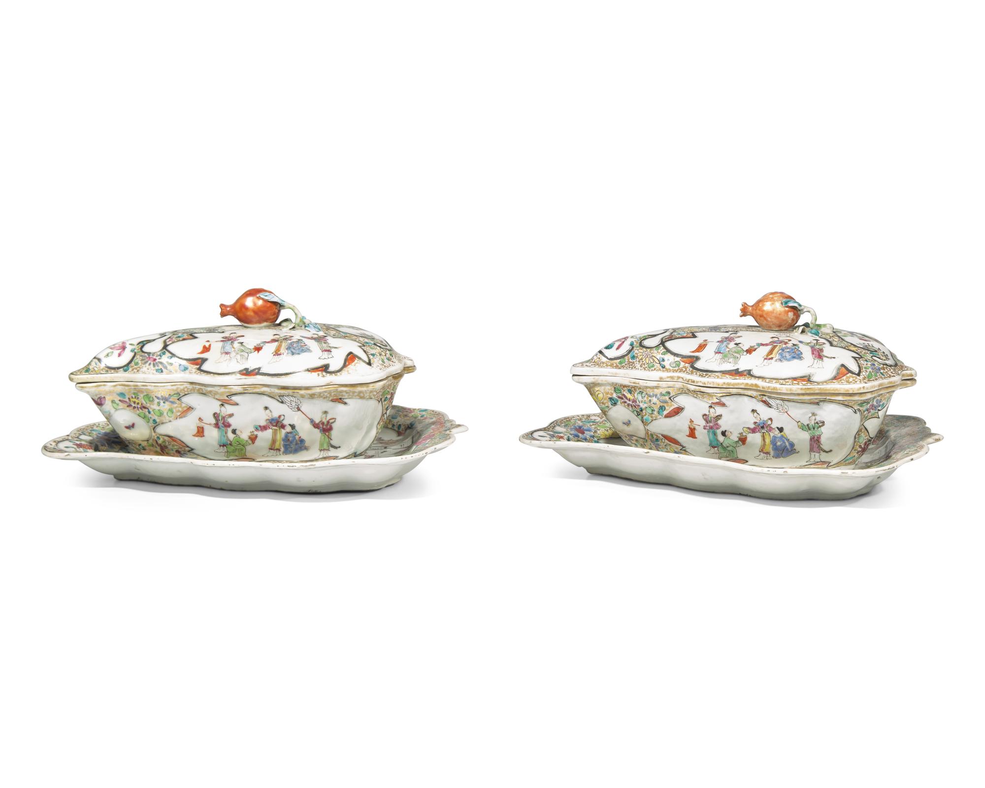 A Rare Pair of Chinese Export Porcelain Famille Rose Leaf-Form Covered Sauce Tureens And Underplates