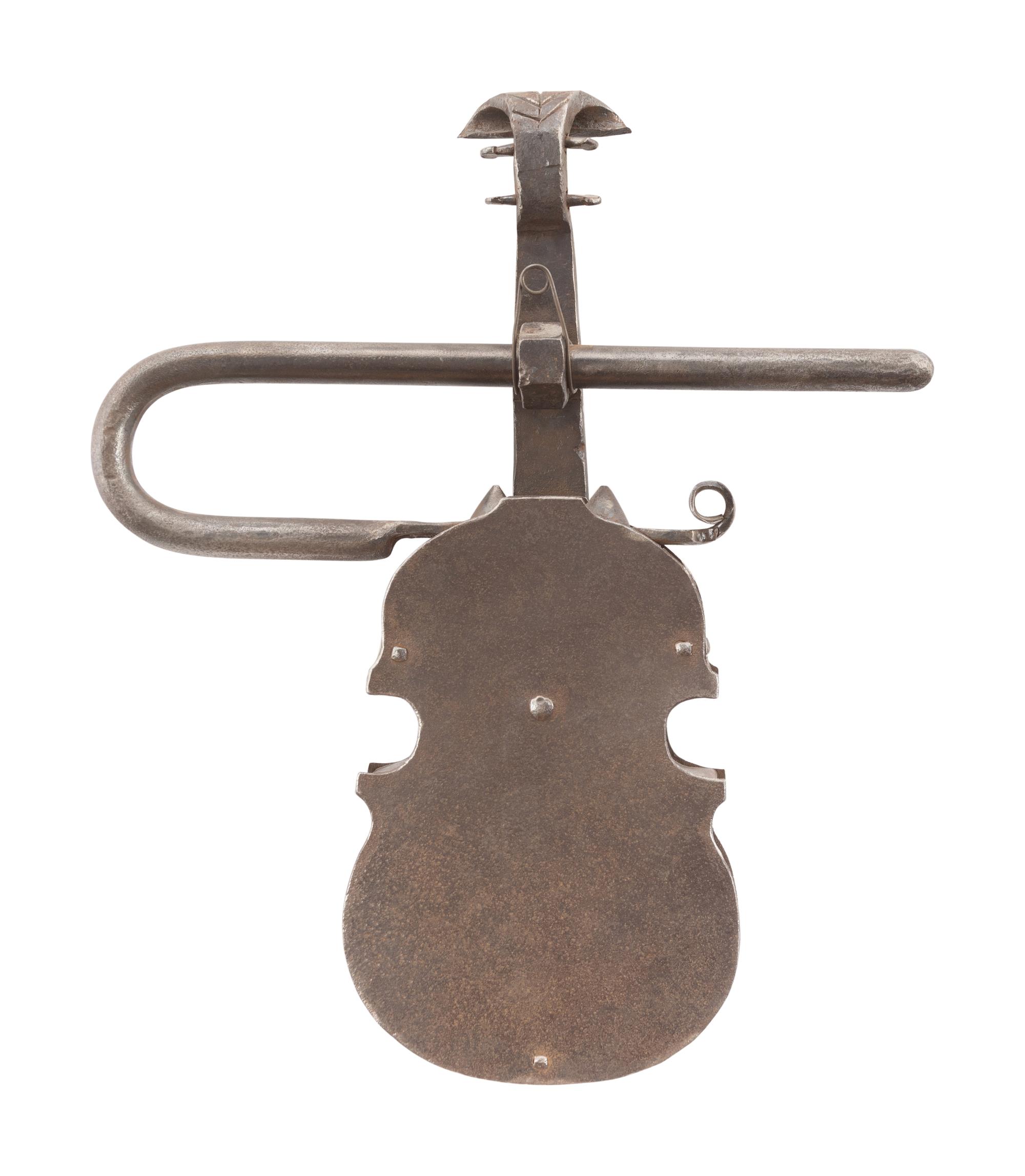 A Continental Engraved and Wrought Iron Violin-Form Padlock