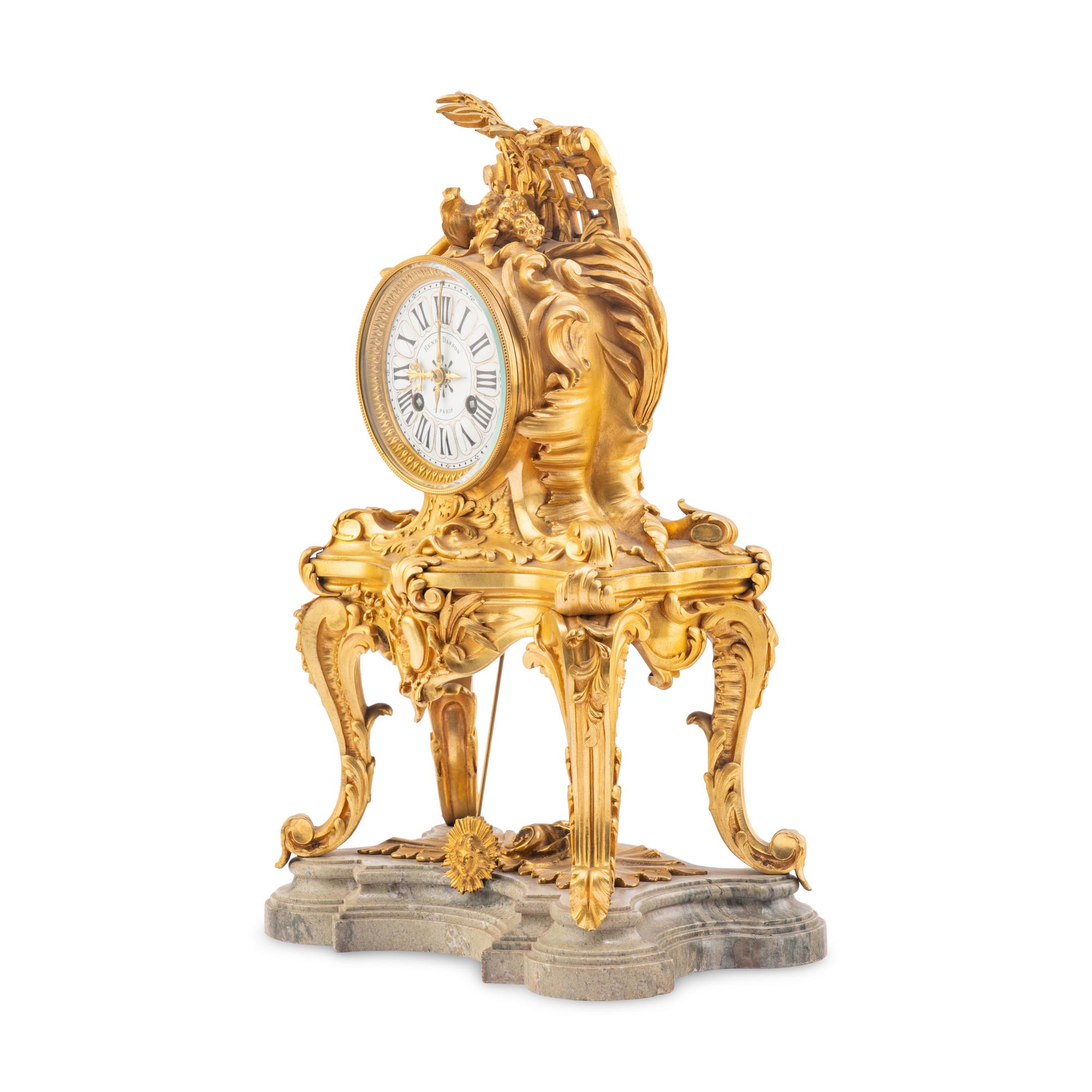 A Louis XV Style Gilt Bronze and Marble Table-Form Mantel Clock