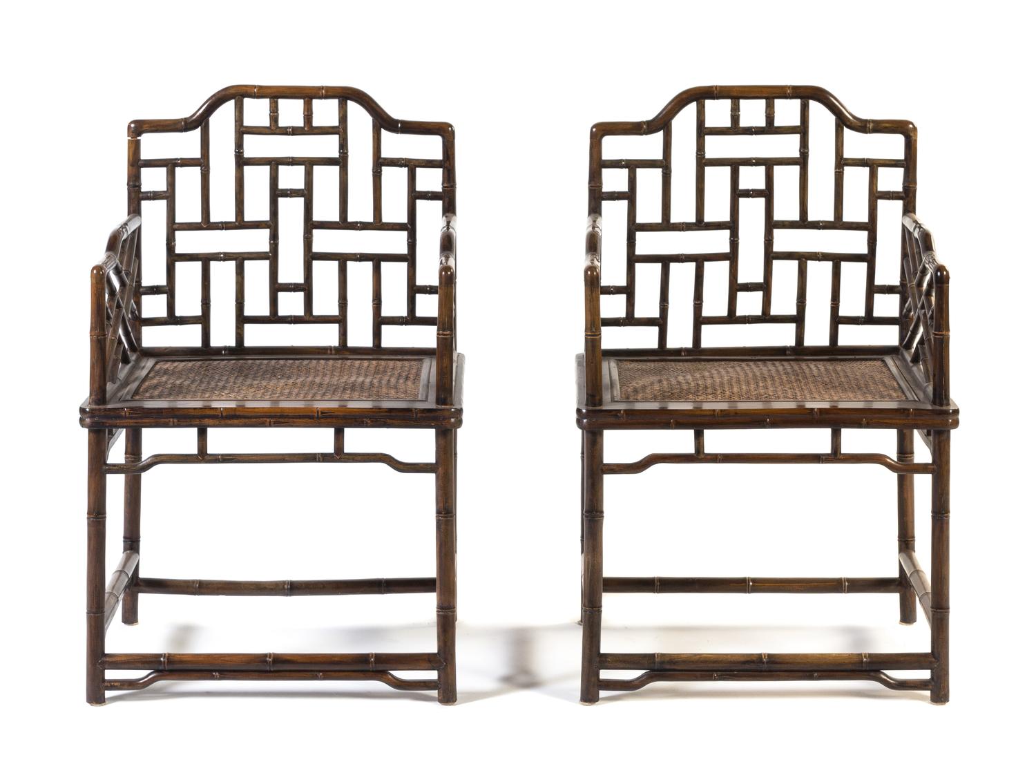 A Pair of Elmwood Armchairs Height of chairs 36 1/4 inches. Height of table 26 1/2 x width 17 3/4 x depth 12 5/8 inches.