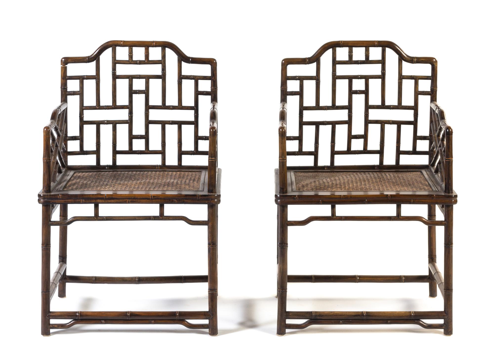A Pair of Elmwood Armchairs Height of chairs 36 1/4 inches. Height of table 26 1/2 x width 17 3/4 x depth 12 5/8 inches.