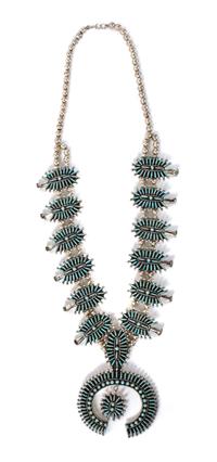 A Zuni Petit Point Squash Blossom Necklace Length 30 inches.