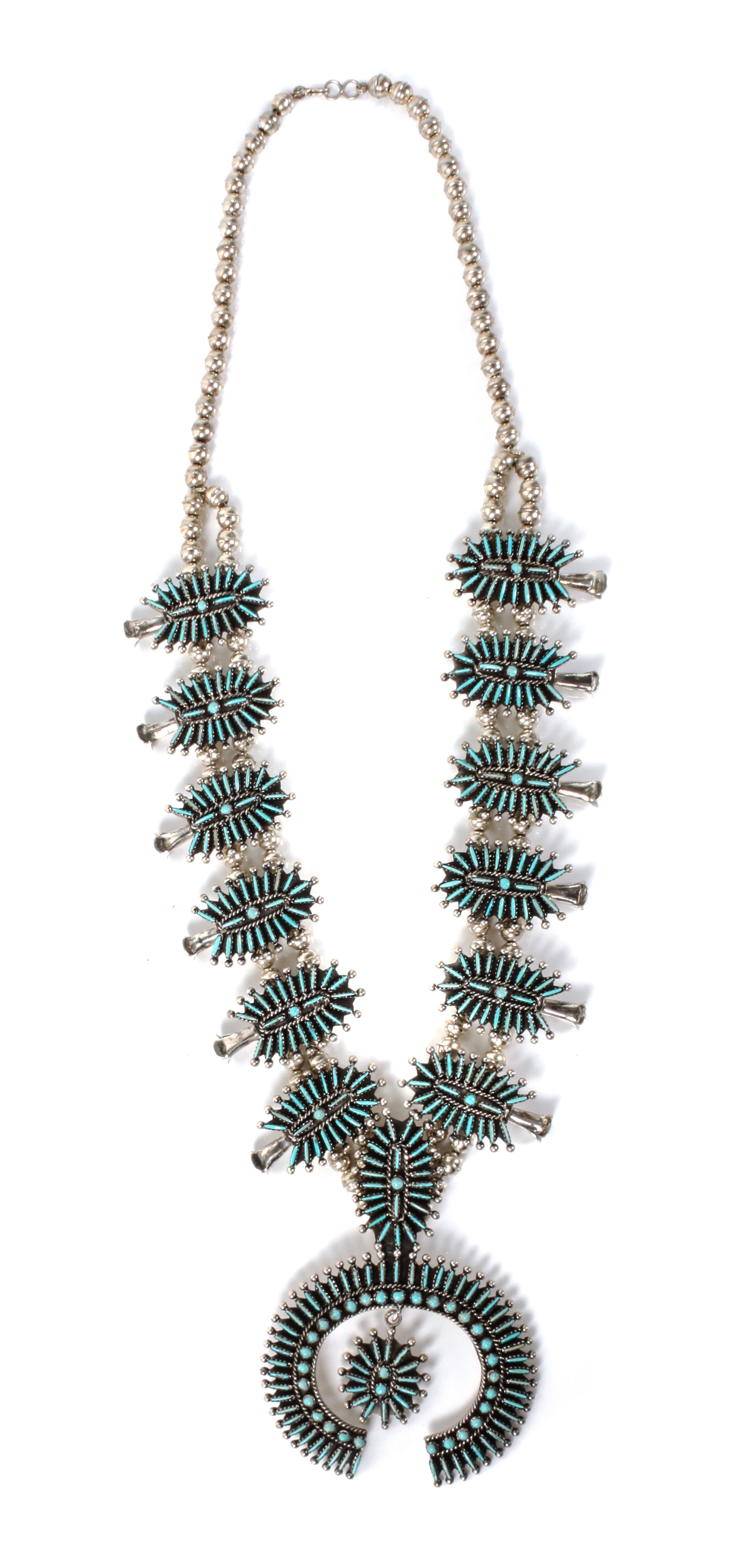 A Zuni Petit Point Squash Blossom Necklace Length 30 inches.