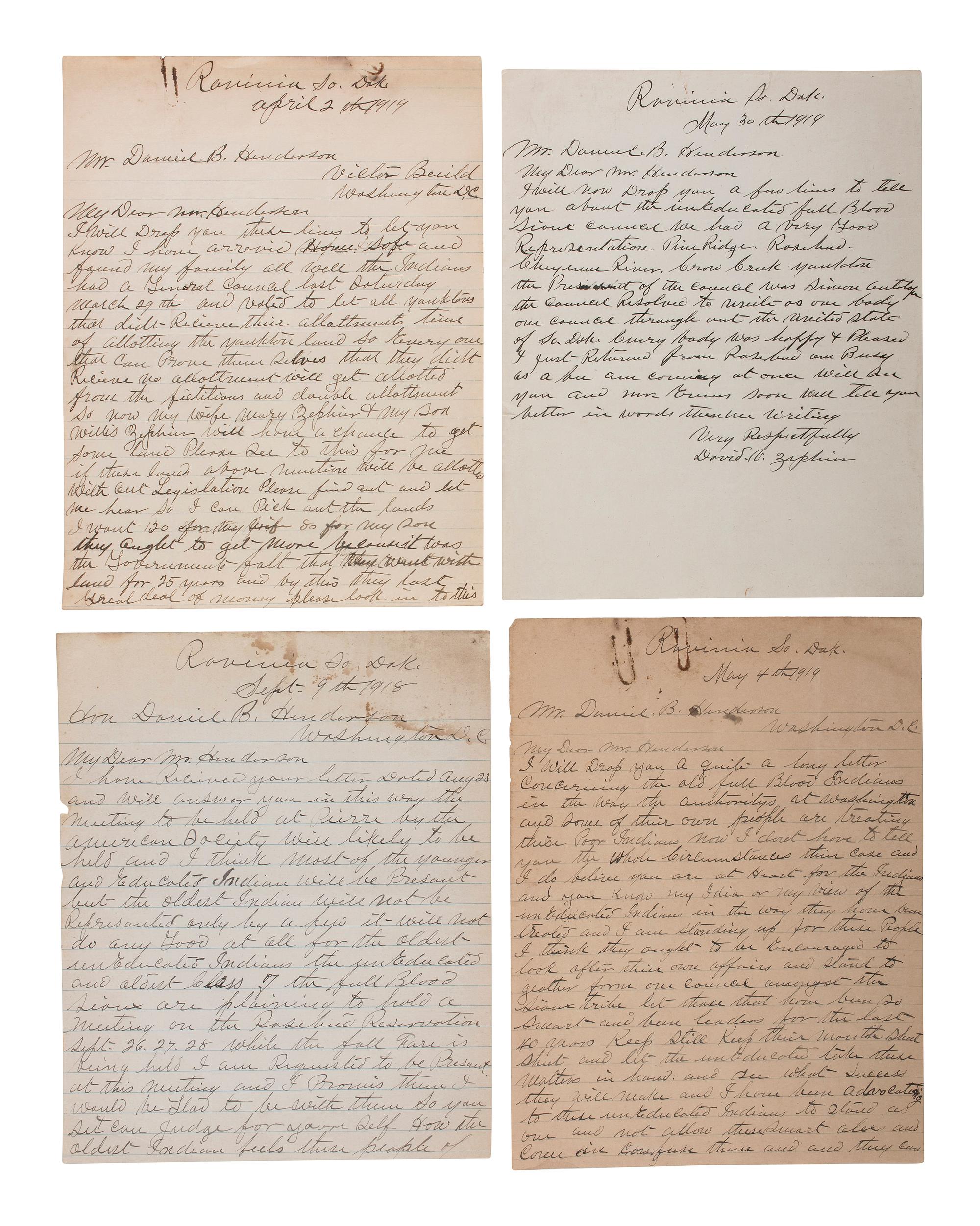 [NATIVE AMERICANS] -- [HENDERSON, Daniel B. (1862-1940)]. An archive of letters and documents mostly related to Henderson's work representing Native American interests, including: