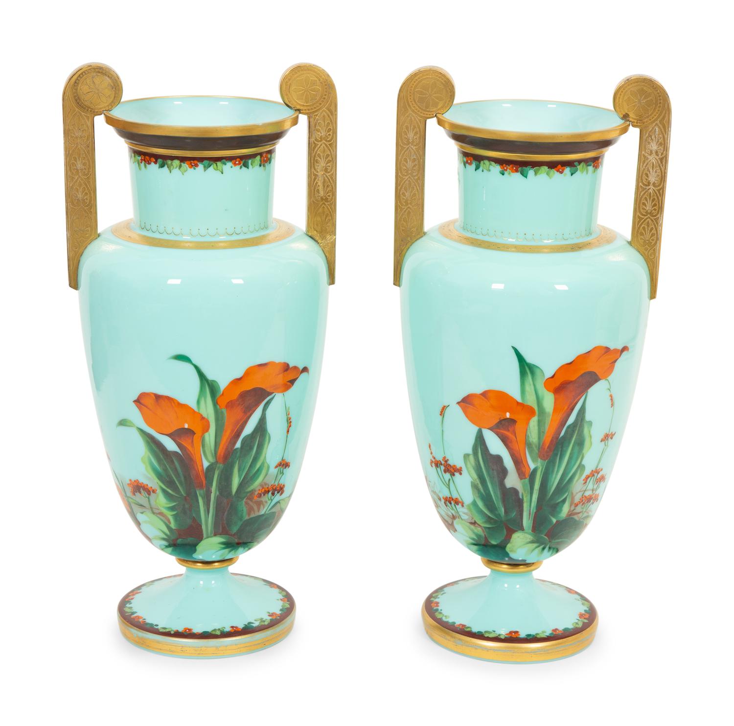 A Pair of Continental Pale Blue Opaque Glass Vases