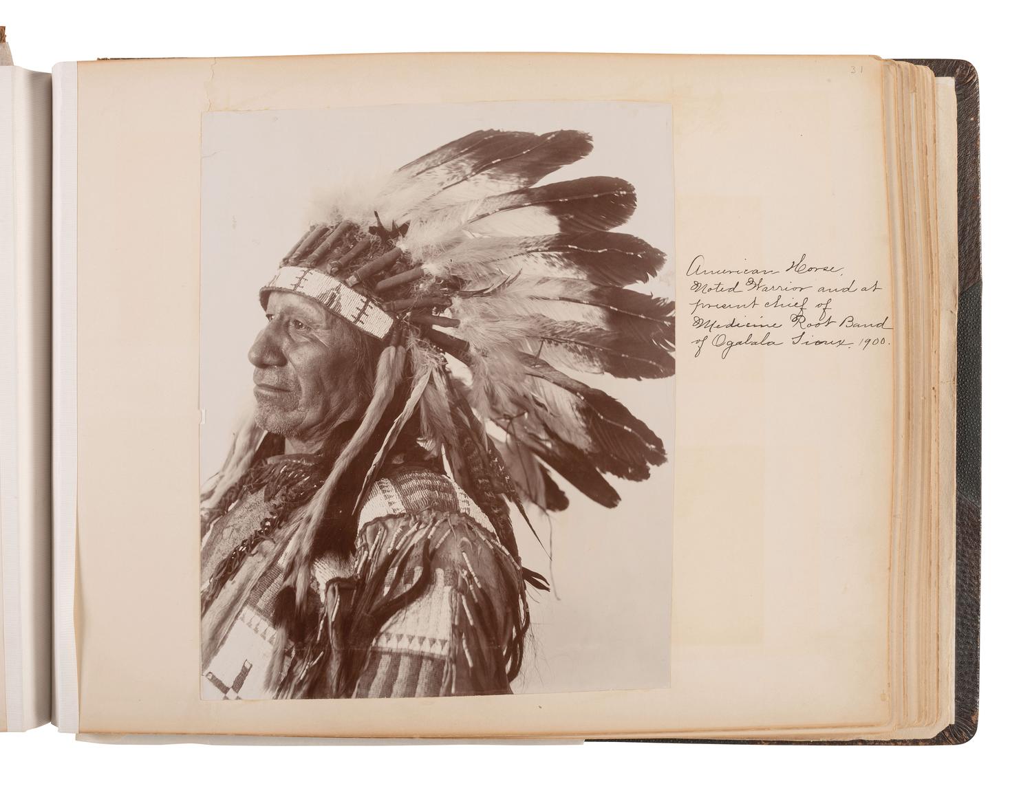 Exceptional album containing photographs of Pine Ridge Reservation and its surroundings, incl. Native American subjects, Indian schools, ceremonies, camp life, and Wounded Knee. Ca late 1890s-early 1900s.