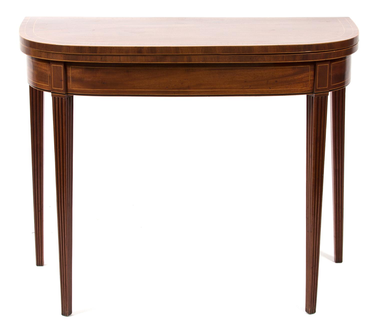 A George III Style Inlaid Mahogany Flip Top Table Height 29 x width 35 3/4 x depth 17 1/2 inches (closed). — 19TH CENTURY