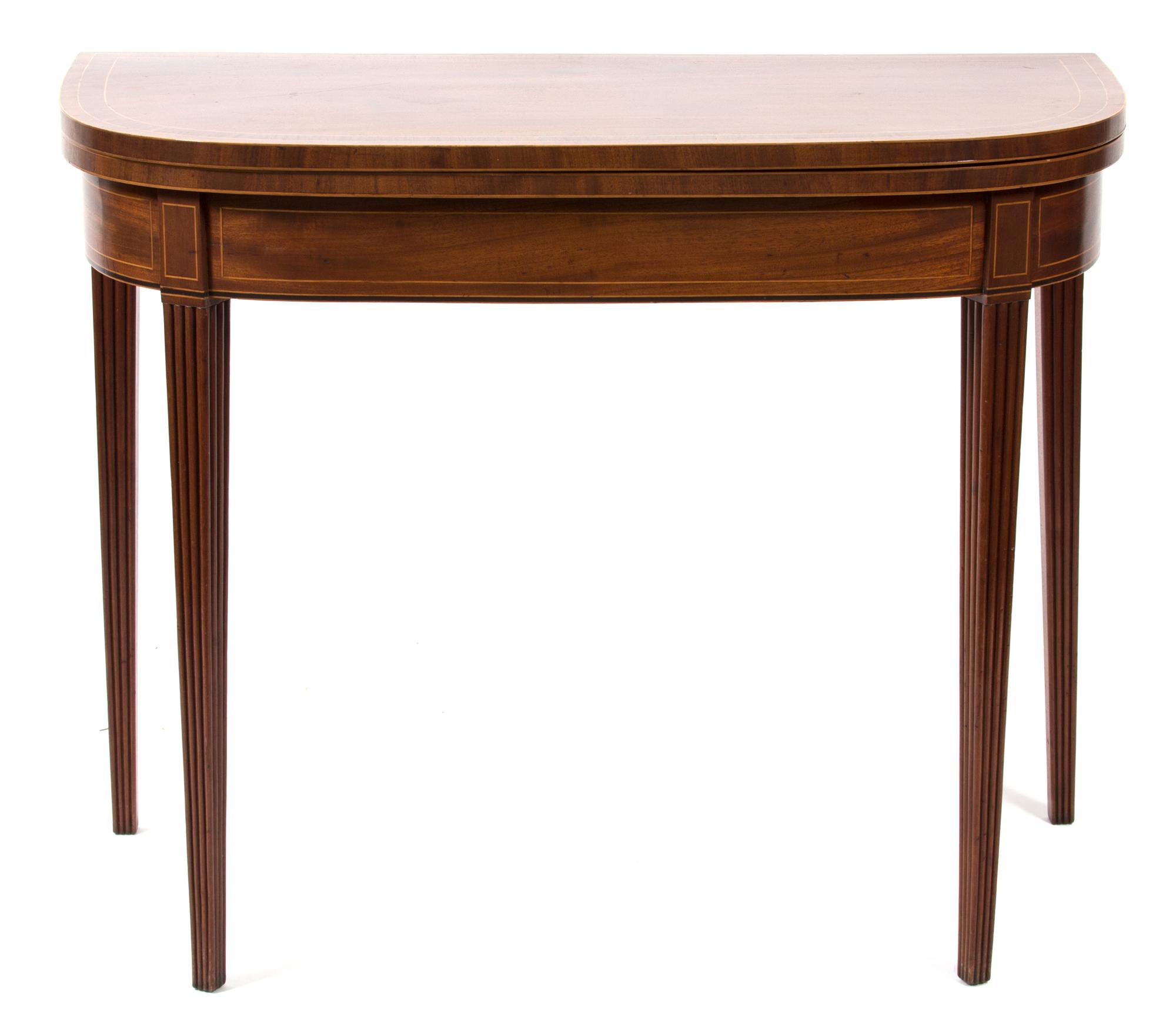 A George III Style Inlaid Mahogany Flip Top Table Height 29 x width 35 3/4 x depth 17 1/2 inches (closed). — 19TH CENTURY