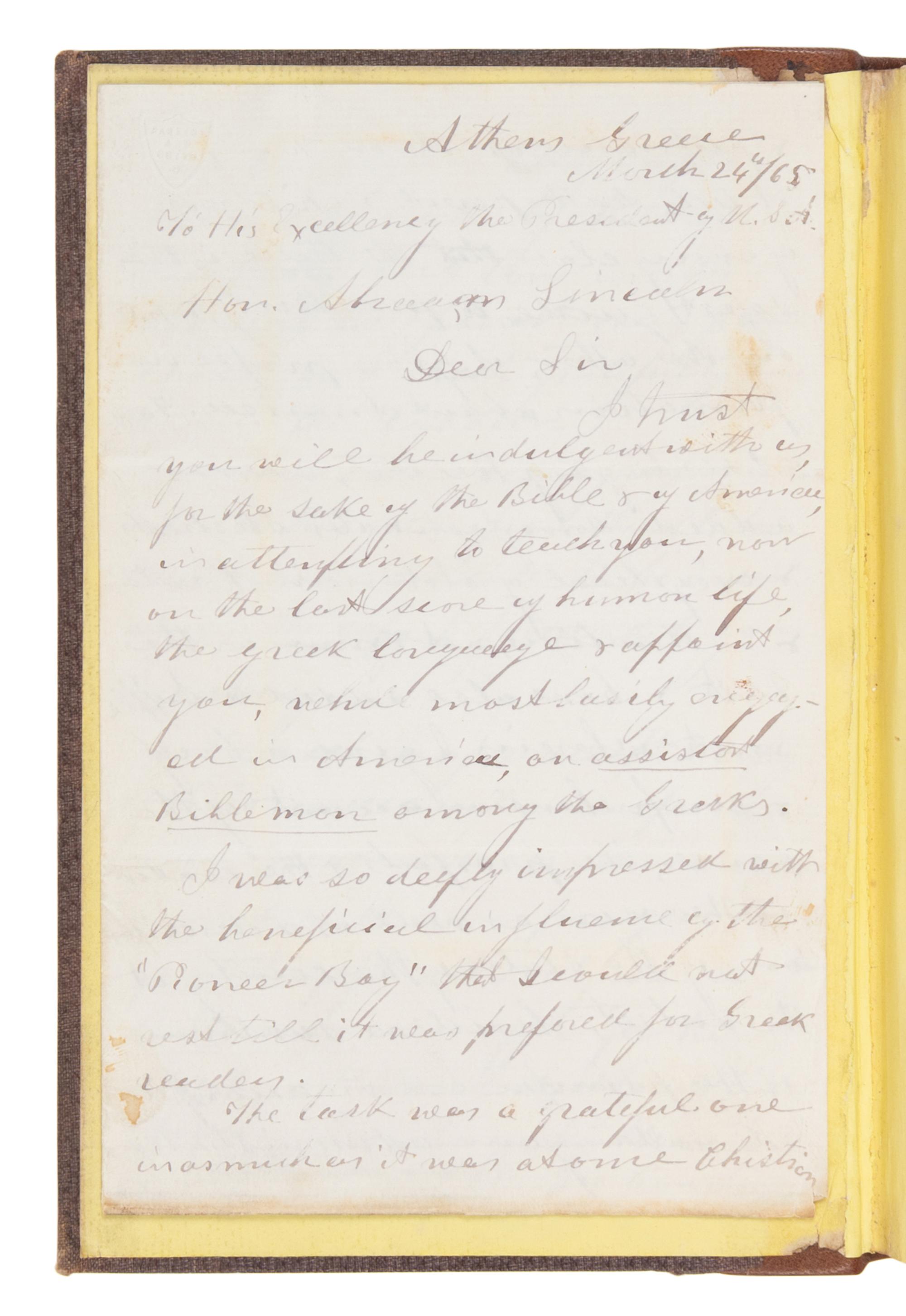 [LINCOLN, Abraham (1809-1865)]. -- THAYER, William M. (1820-1898). The Pioneer Boy [in Greek]. Translated by George Constantine. Athens: Typois Lakōnias, 1865.