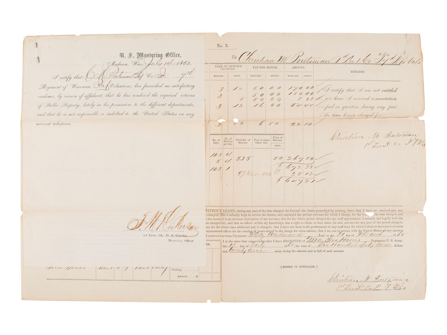 [CIVIL WAR]. Group of Civil War documents incl. muster roll, discharge papers, and more.
