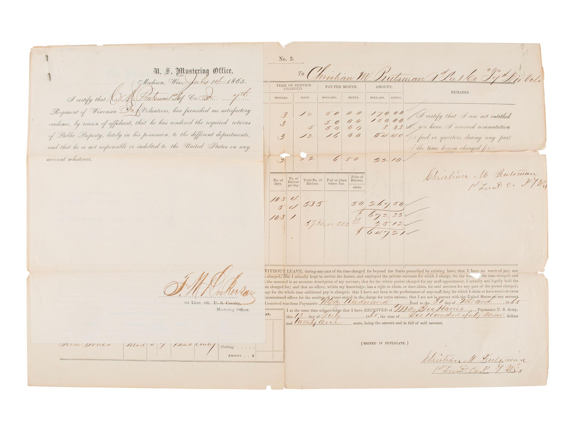[CIVIL WAR]. Group of Civil War documents incl. muster roll, discharge papers, and more.