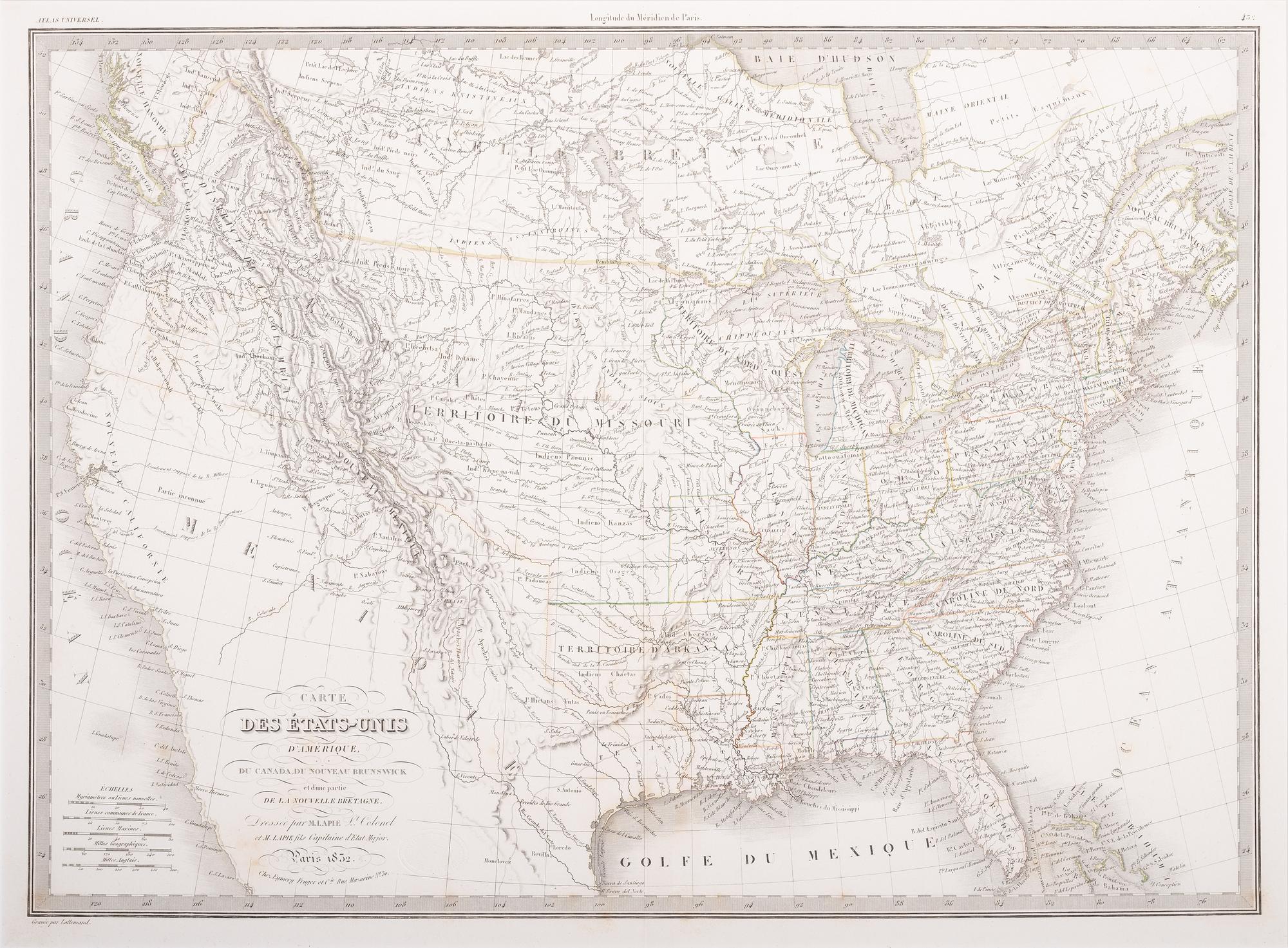 [MAPS & ATLASES]. EMILE, Alexander (1820-1886) and Pierre LAPIE (1777/1779-1850). Carte des Etats-Unis d'Amerique, du Canada, du Nouveau Brunswick et d'une Partie de la Nouvelle Bretagne, Atlas Universel . 1832.