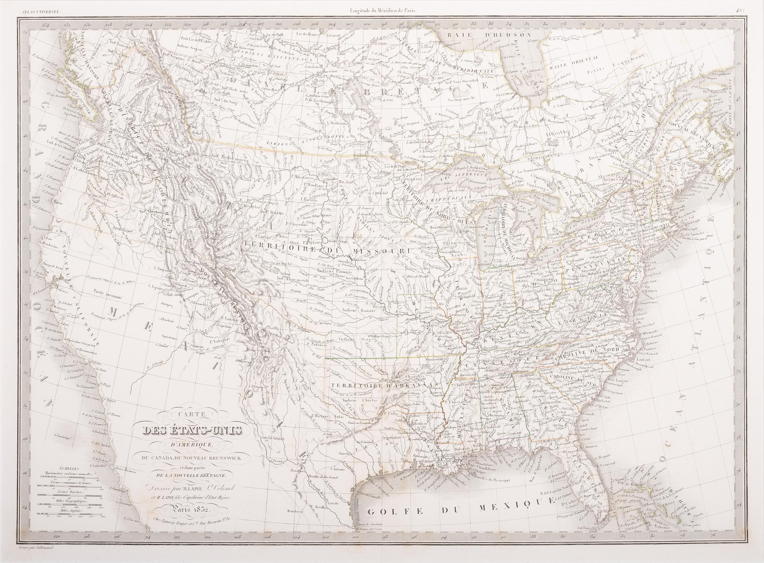 [MAPS & ATLASES]. EMILE, Alexander (1820-1886) and Pierre LAPIE (1777/1779-1850). Carte des Etats-Unis d'Amerique, du Canada, du Nouveau Brunswick et d'une Partie de la Nouvelle Bretagne, Atlas Universel . 1832.