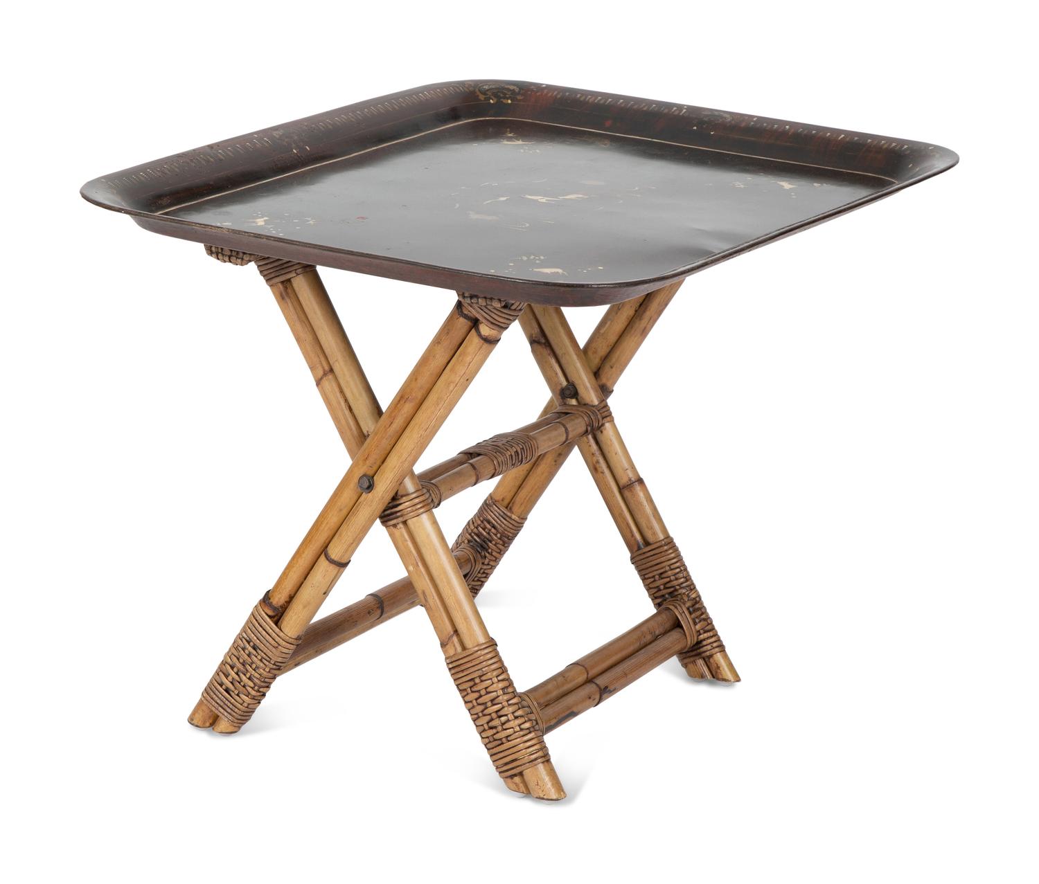A Chinoiserie Tole Tray with Wooden Stand — 20TH CENTURY