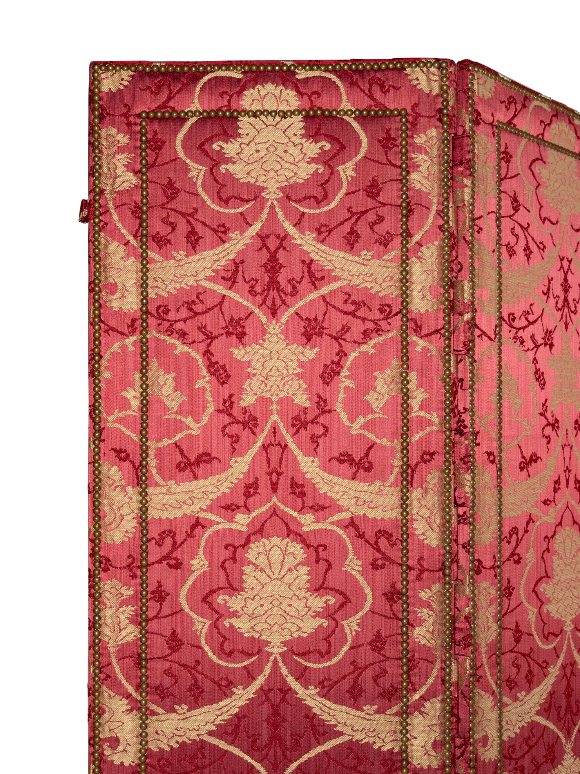 A Pair of Custom Damask-Upholstered Four-Panel Screens