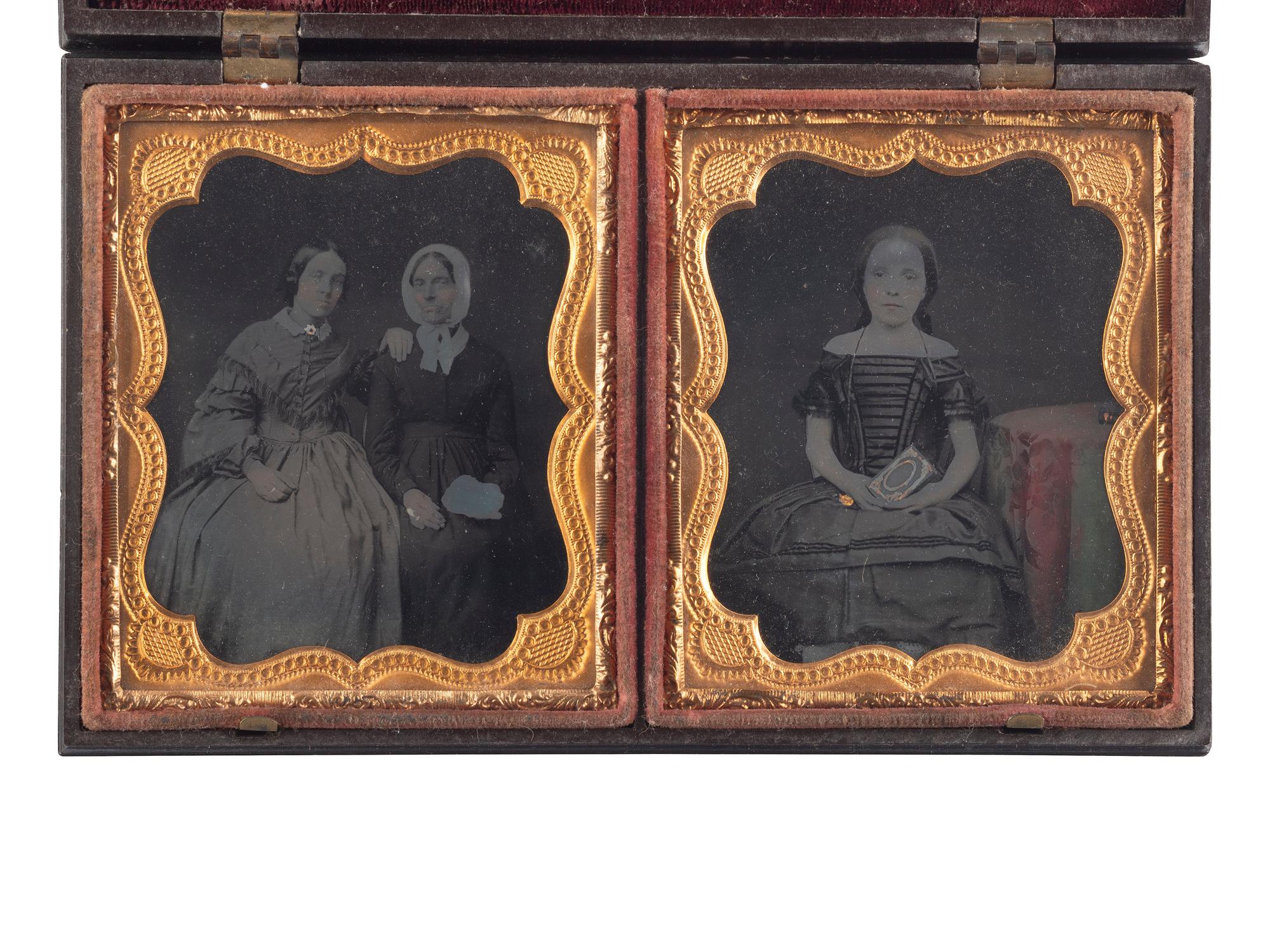 [EARLY PHOTOGRAPHY]. A group of 20 assorted portraits of women of varying ages, highlighted by half plate daguerreotype of two women, possibly sisters.
