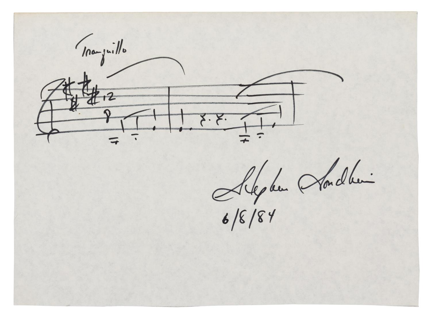 SONDHEIM, Stephen (b. 1930). Autograph musical quotation signed ("Stephen Sondheim"), n.p., 8 June 1984.