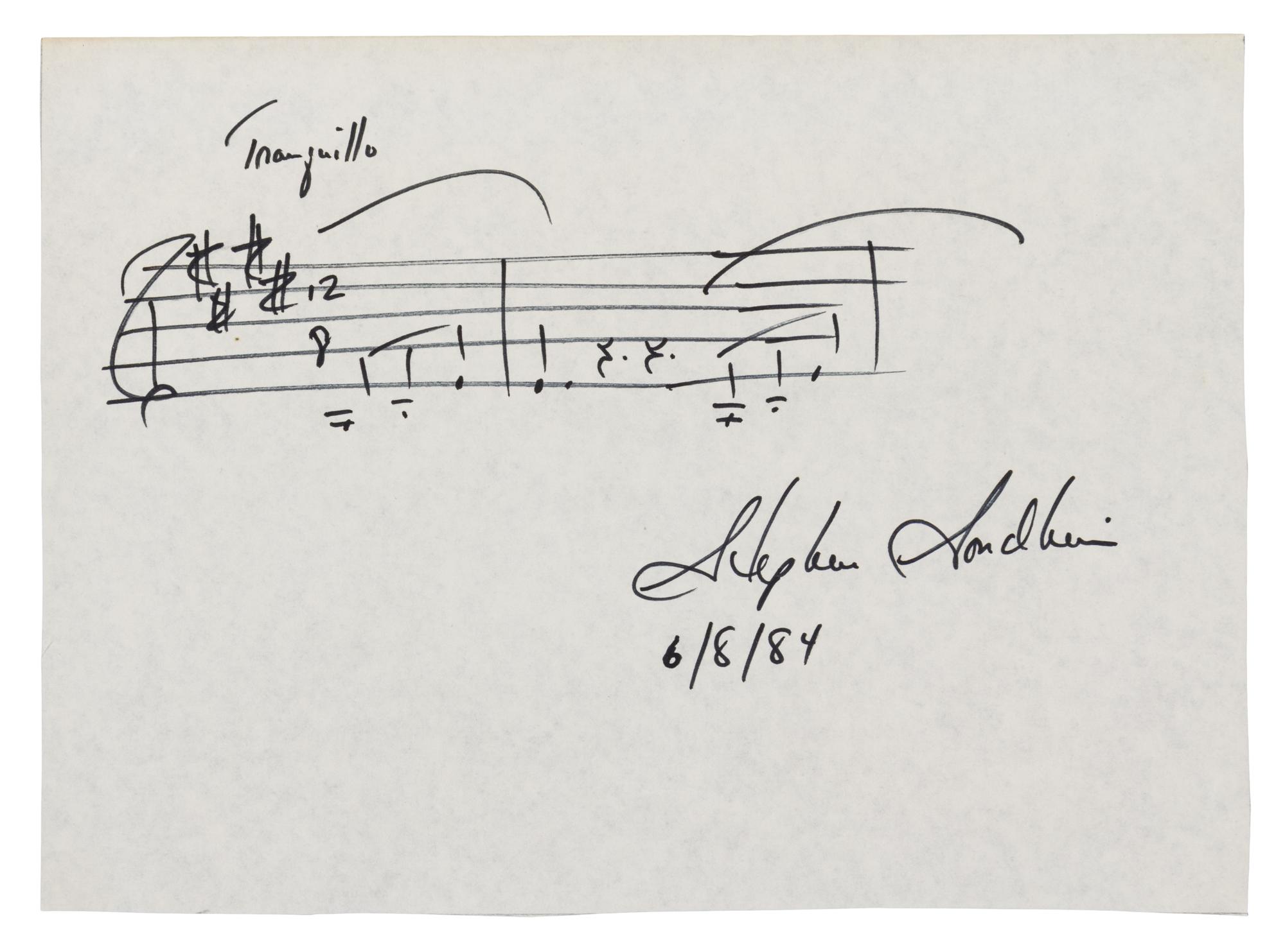 SONDHEIM, Stephen (b. 1930). Autograph musical quotation signed ("Stephen Sondheim"), n.p., 8 June 1984.