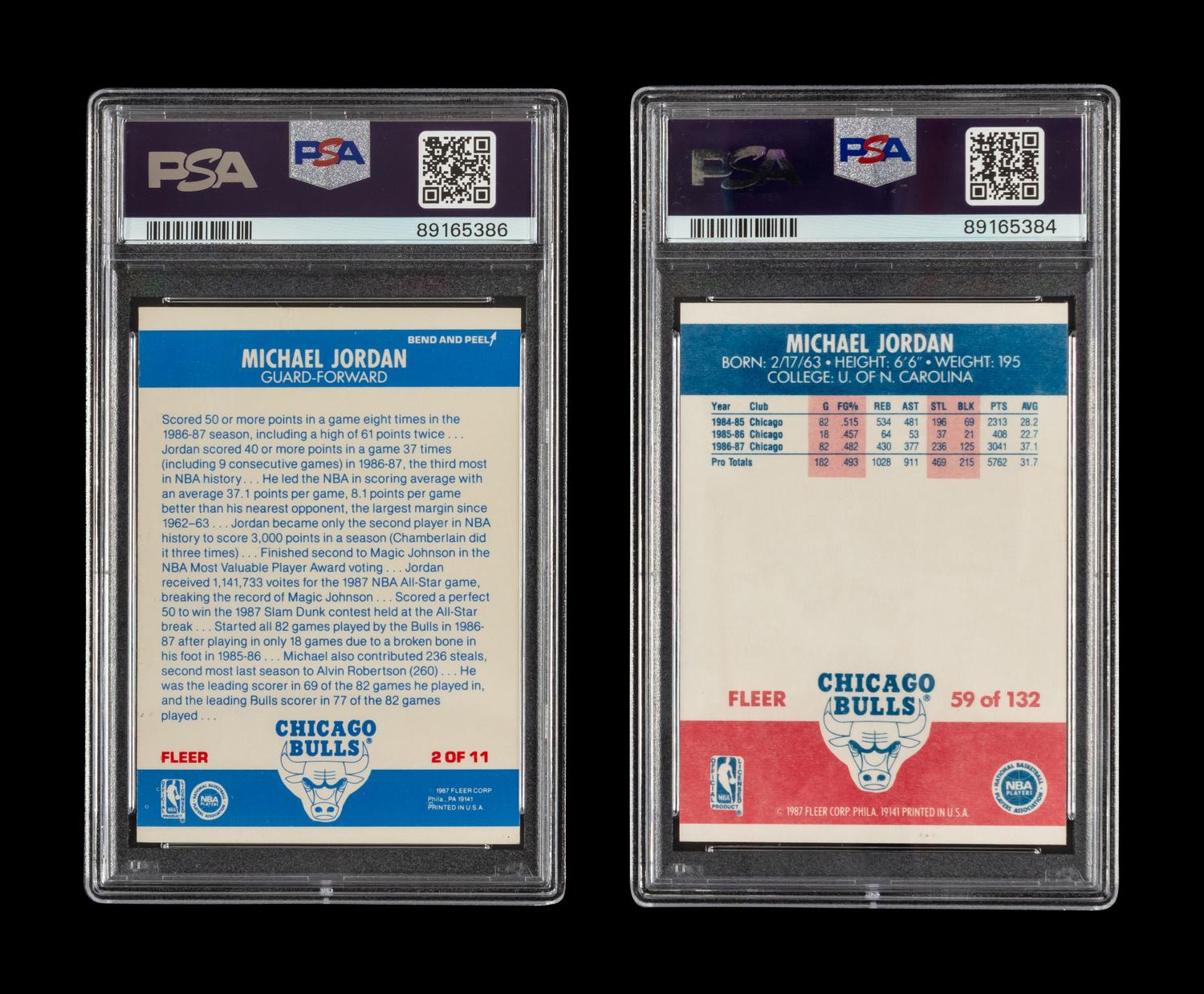 A 1987 Fleer Michael Jordan Basketball Card No. 59 (PSA 8 NM-MT) and Sticker No. 2 (PSA 7 NM)