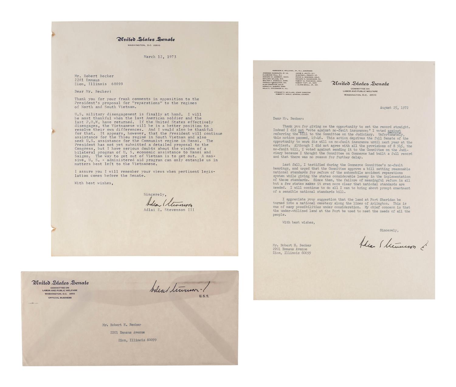 [POLITICS]. Political correspondence archive relating to important 1960s and 1970s issues and addressed to Major Robert H. Becker (1924-2014), USAF Retired.