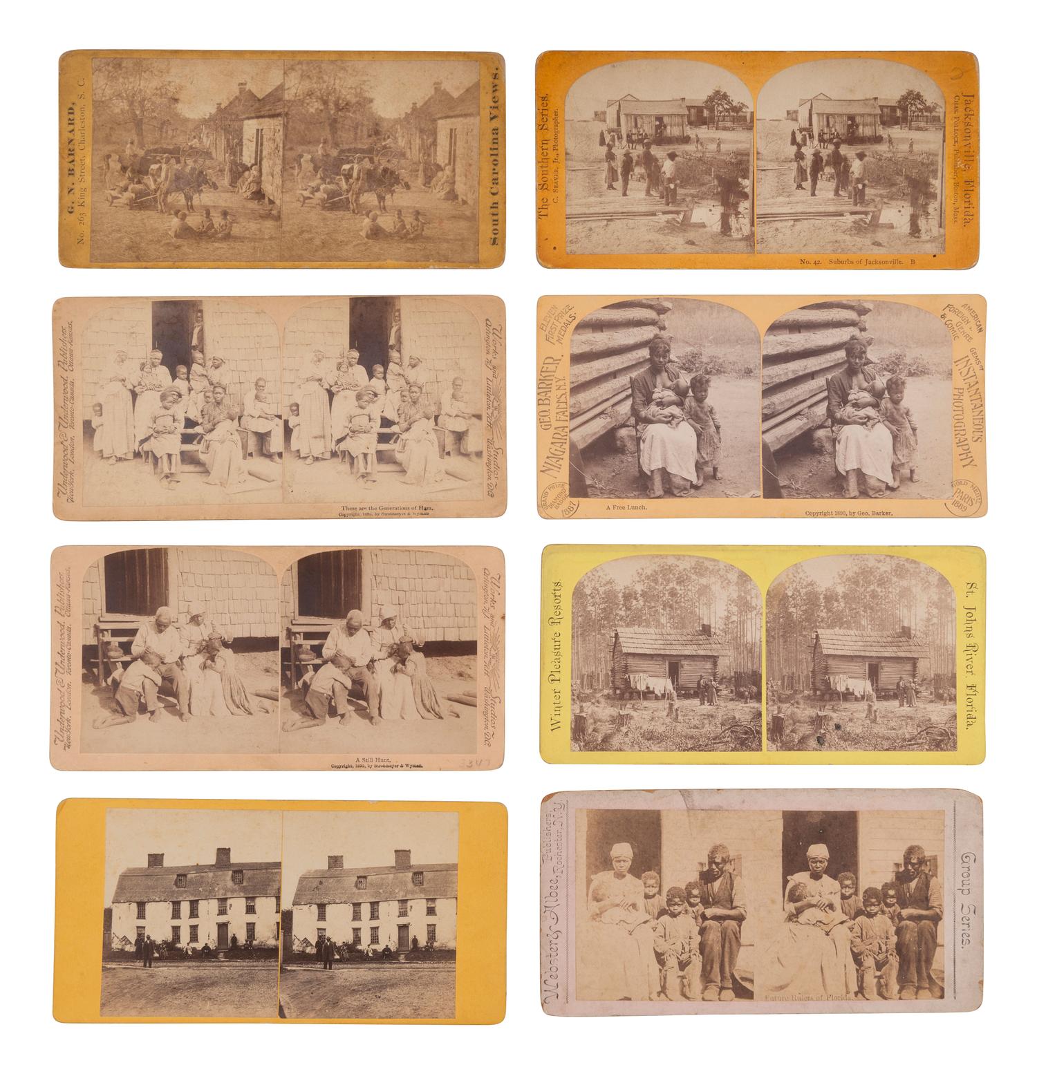 [EARLY PHOTO.] 17 stereoviews of African American domestic life, incl. cabin views and family scenes
