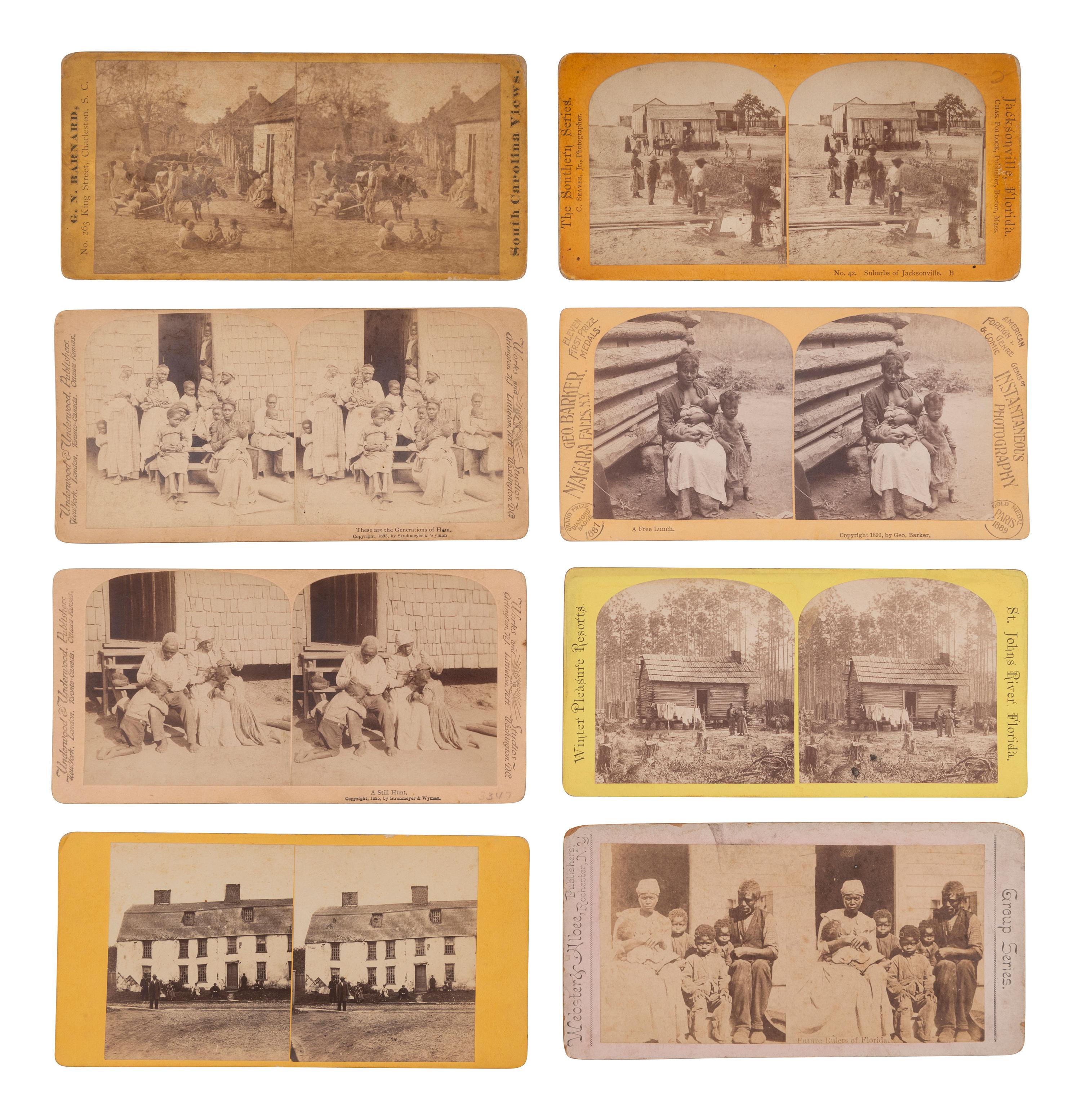 [EARLY PHOTO.] 17 stereoviews of African American domestic life, incl. cabin views and family scenes