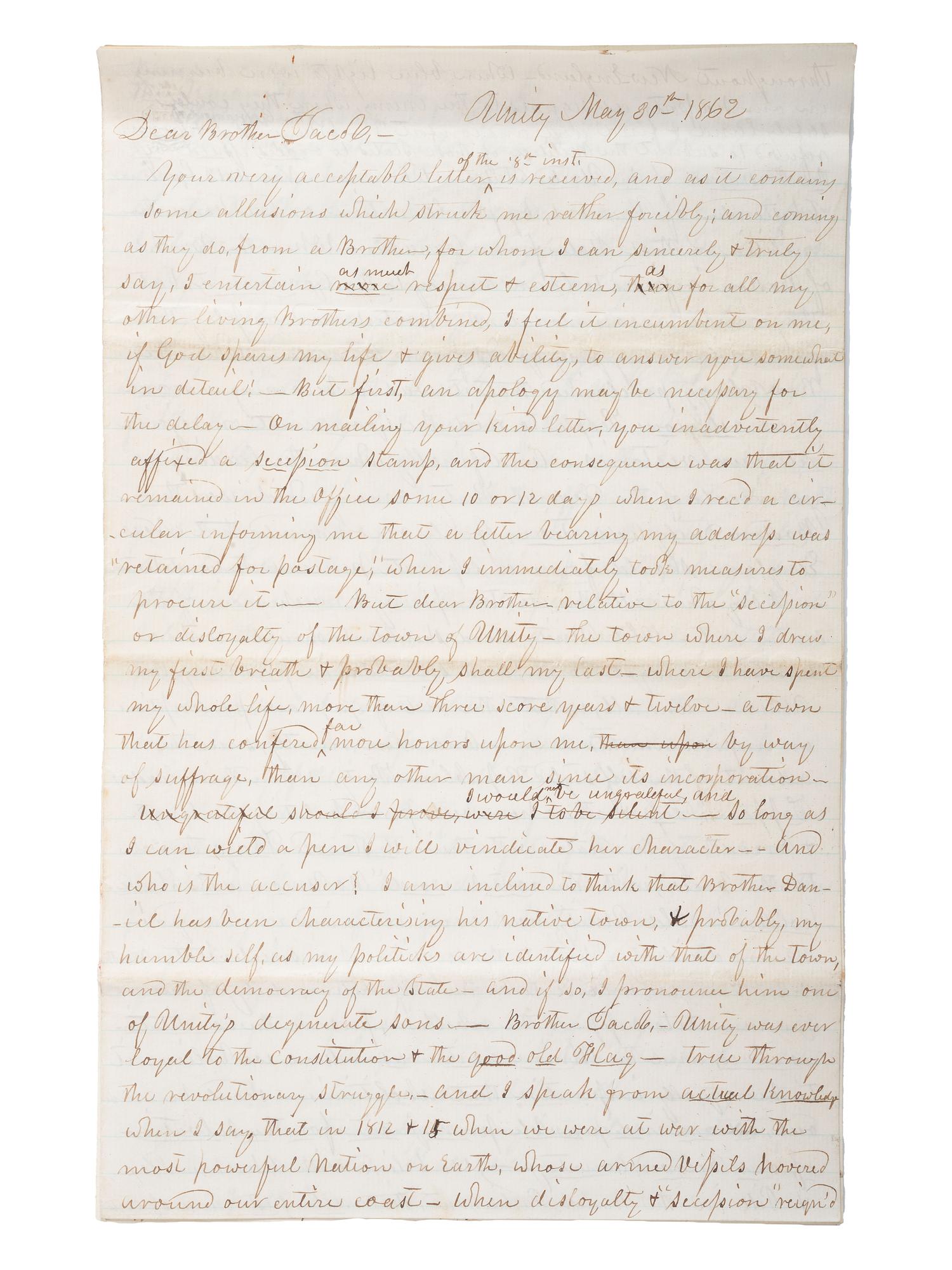 [SLAVERY & ABOLITION] -- [CIVIL WAR]. 10-page letter with extensive pro-Union and pro-slavery sentiments. Unity, [NH?], 30 May 1862.
