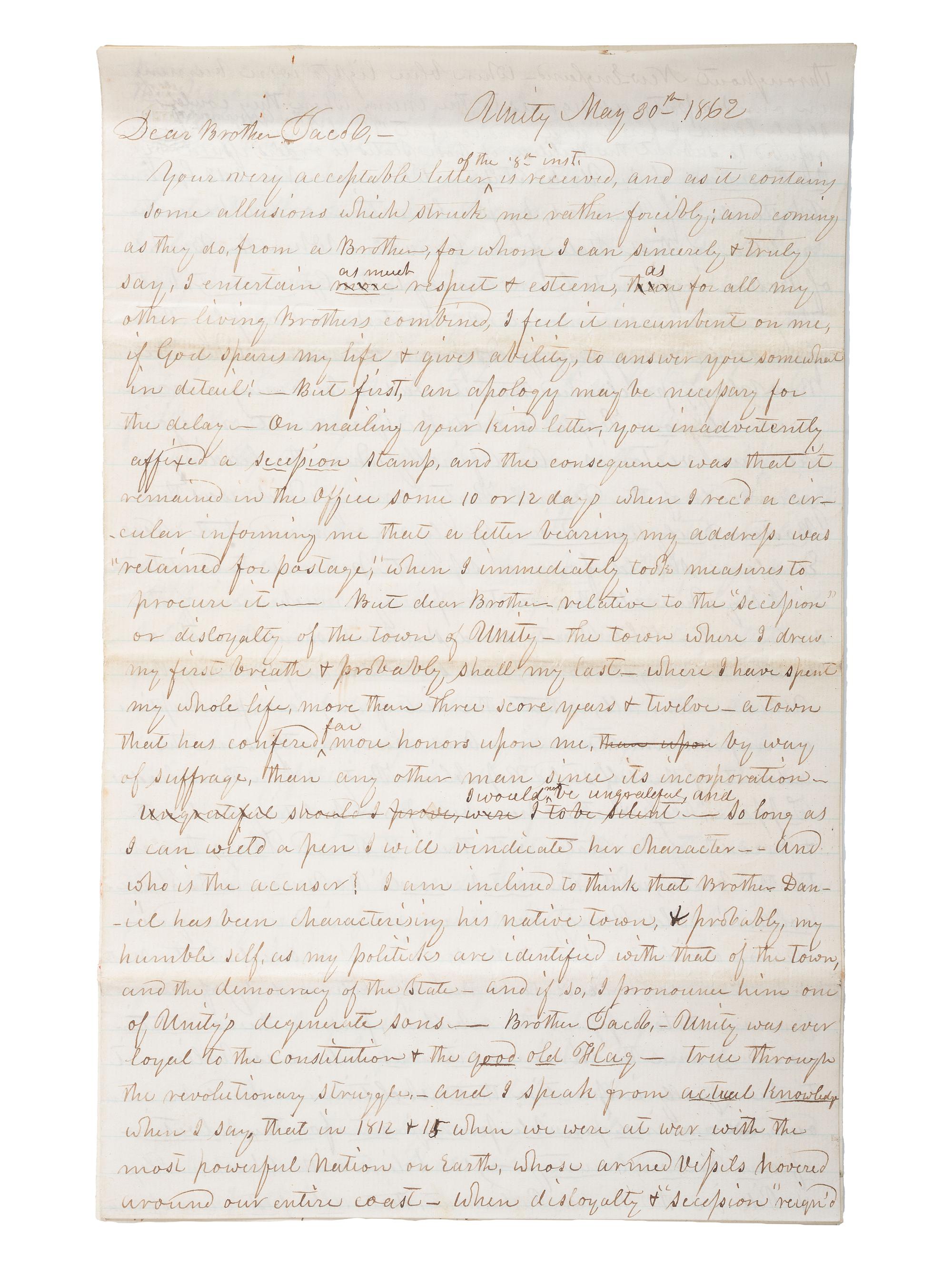 [SLAVERY & ABOLITION] -- [CIVIL WAR]. 10-page letter with extensive pro-Union and pro-slavery sentiments. Unity, [NH?], 30 May 1862.
