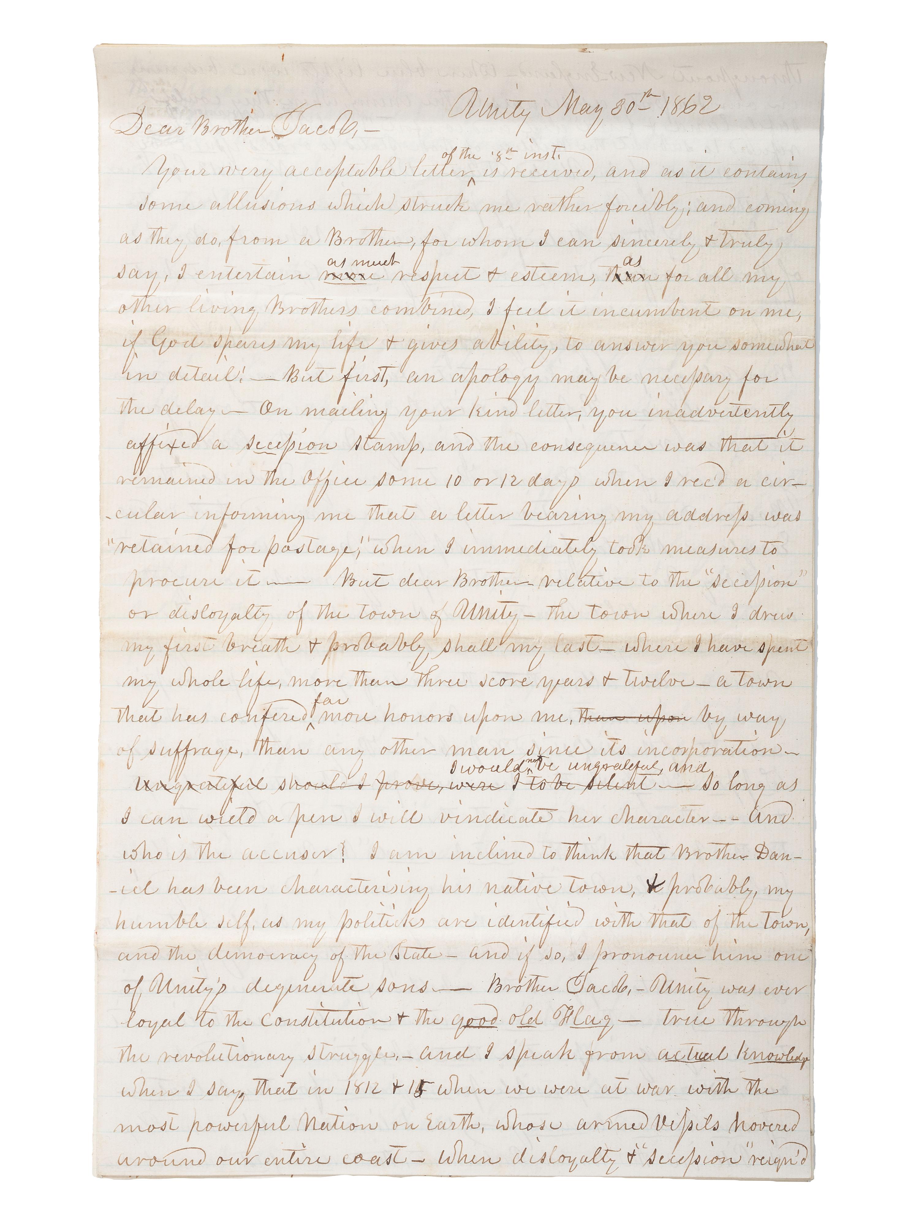 [SLAVERY & ABOLITION] -- [CIVIL WAR]. 10-page letter with extensive pro-Union and pro-slavery sentiments. Unity, [NH?], 30 May 1862.