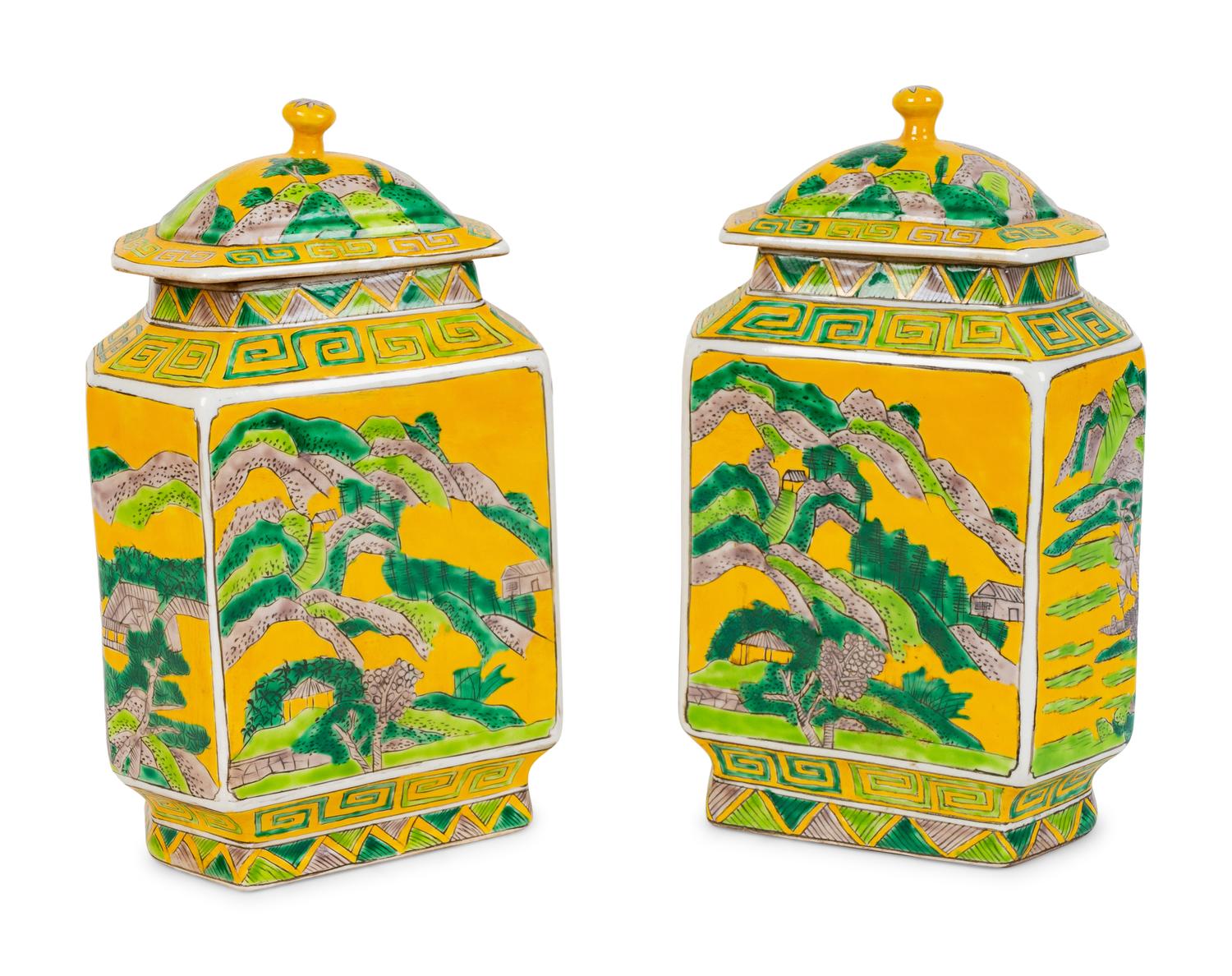 A Pair of Chinese Famille Verte Porcelain Lidded Jars