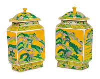A Pair of Chinese Famille Verte Porcelain Lidded Jars