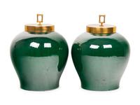 A Pair of Contemporary Green Glazed Porcelain Jars with Brass Lids