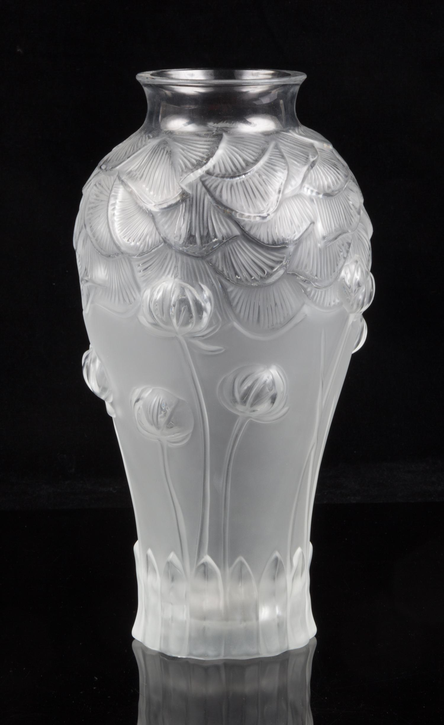 A Lalique Frosted Glass Giverny Vase Height 11 1/2 inches.
