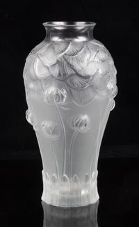 A Lalique Frosted Glass Giverny Vase Height 11 1/2 inches.