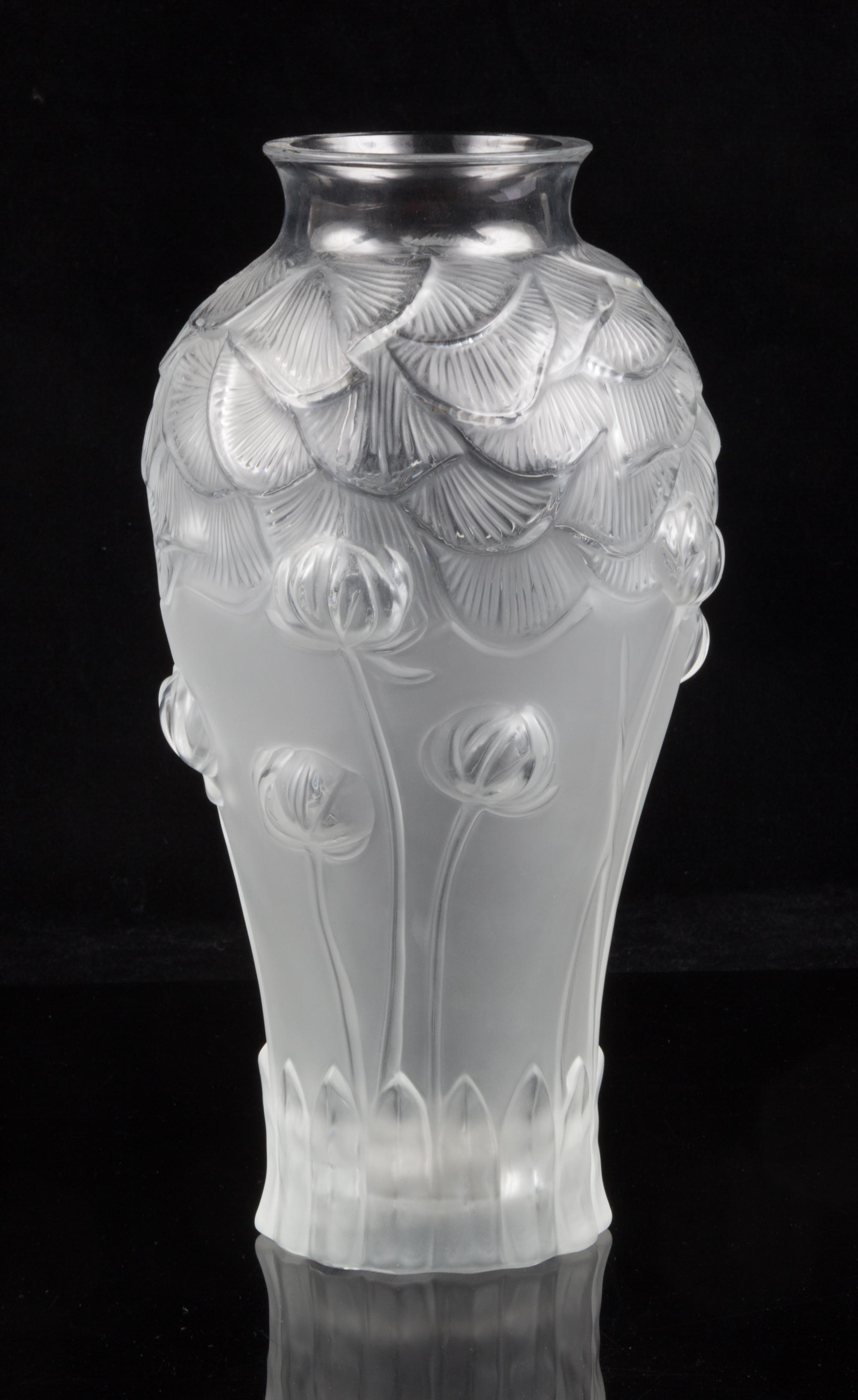 A Lalique Frosted Glass Giverny Vase Height 11 1/2 inches.