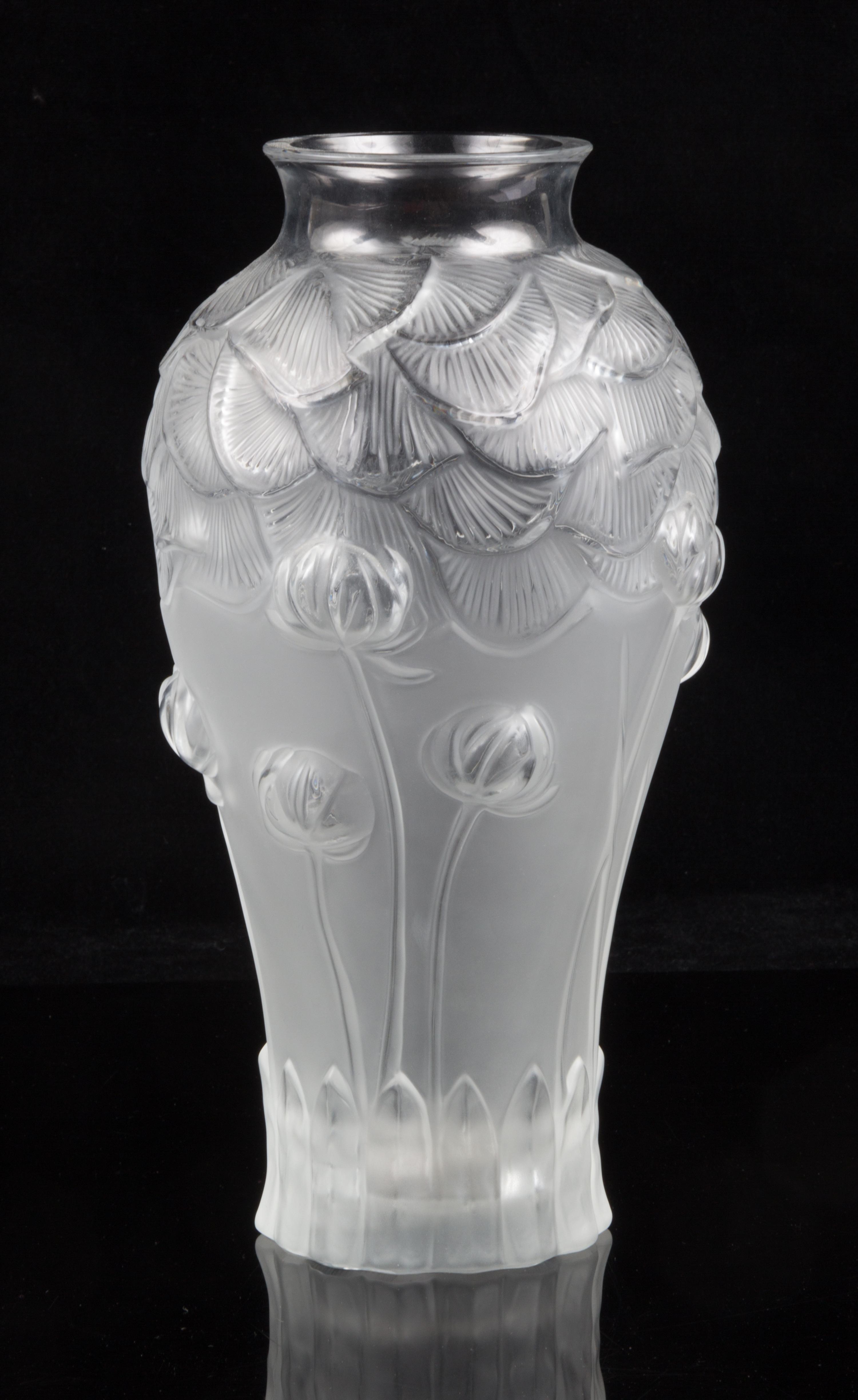 A Lalique Frosted Glass Giverny Vase Height 11 1/2 inches.