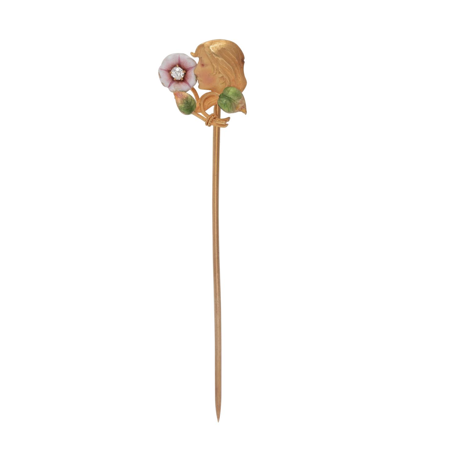 ART NOUVEAU, YELLOW GOLD, DIAMOND AND POLYCHROME ENAMEL STICK PIN