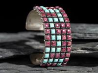 Southwestern-style Sterling Silver, Turquoise, and Sugilite Cluster Cuff Bracelet