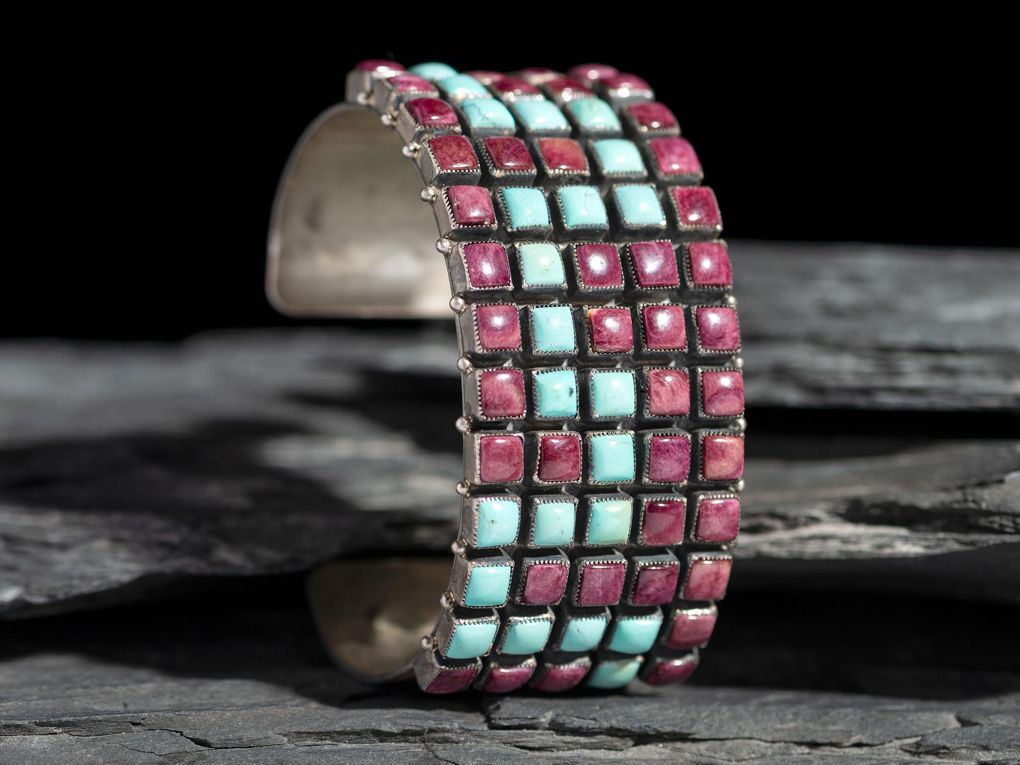 Southwestern-style Sterling Silver, Turquoise, and Sugilite Cluster Cuff Bracelet